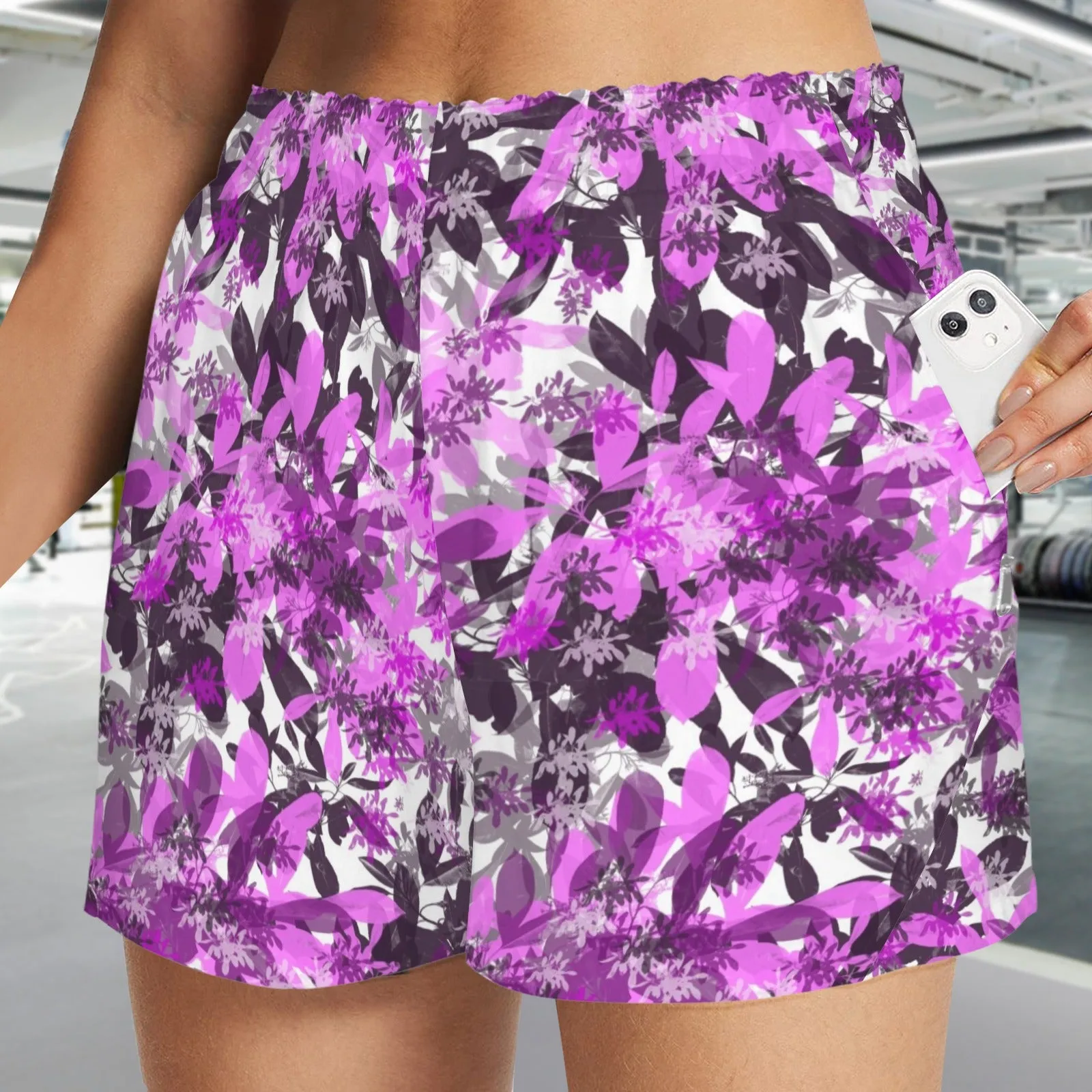 Black & Pink Leaves Art Zip Pocket Shorts up to 5 XL (FWS)