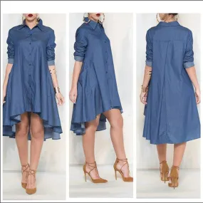 Casual Denim Blue Pockets Shirt Irregular Loose Dress