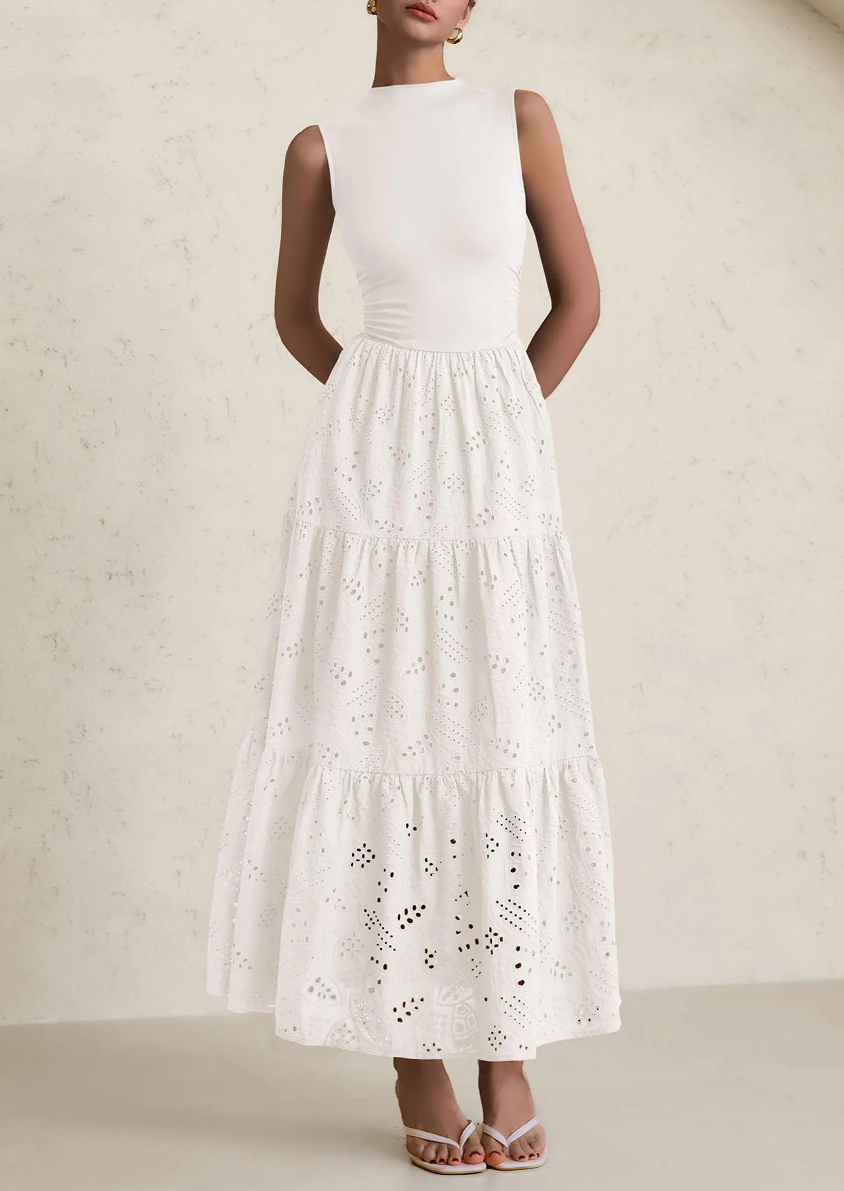 Casual Eyelet Sleeveless Maxi Dress with Pockets