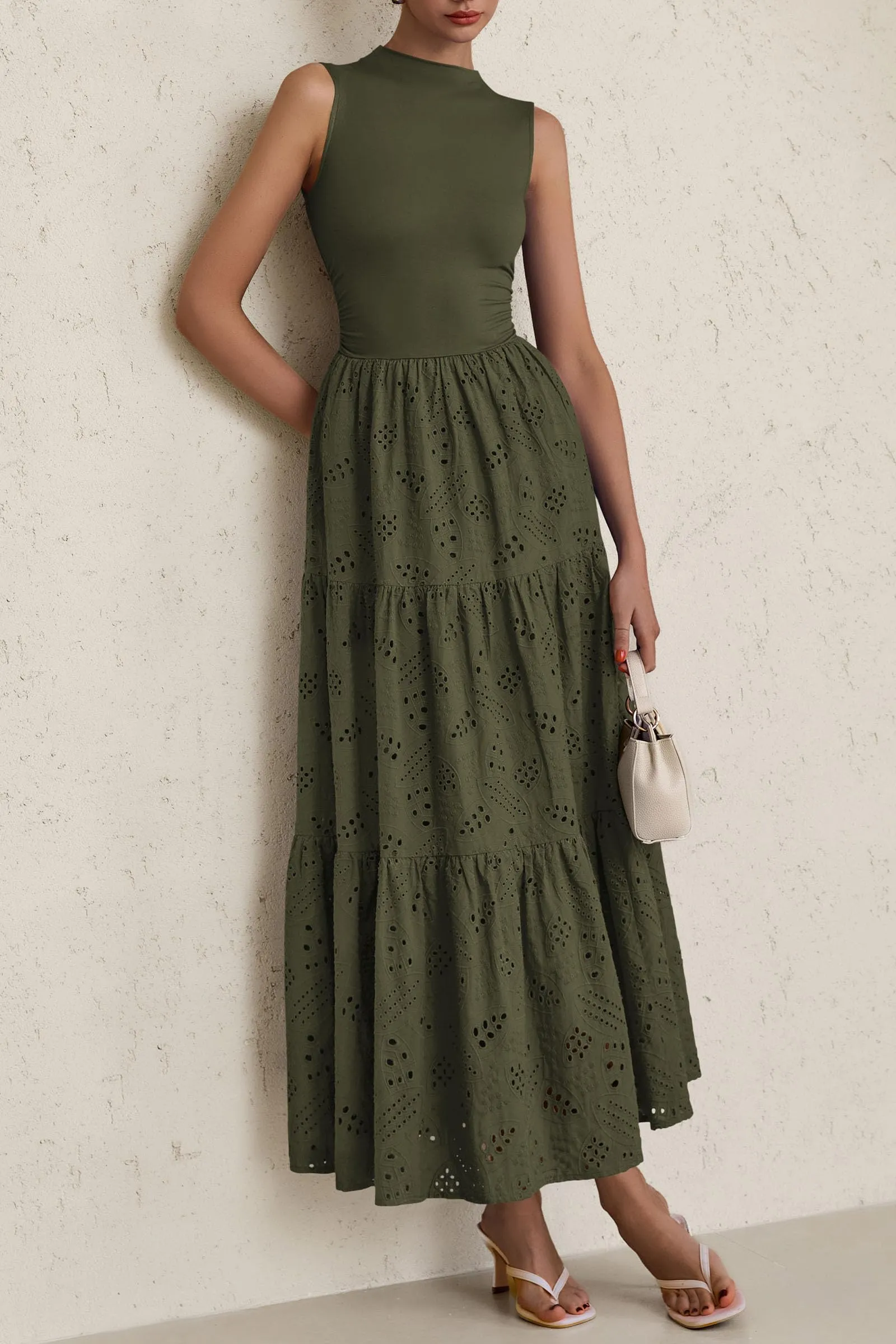Casual Eyelet Sleeveless Maxi Dress with Pockets