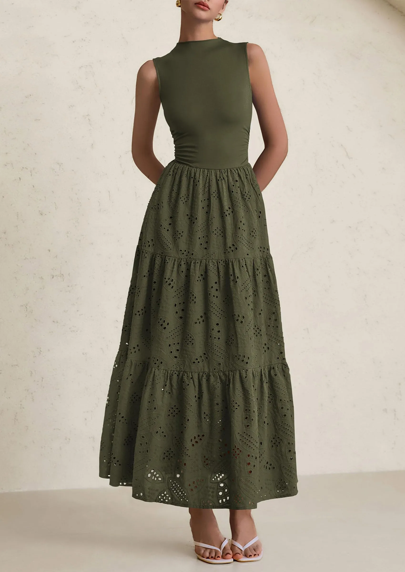 Casual Eyelet Sleeveless Maxi Dress with Pockets