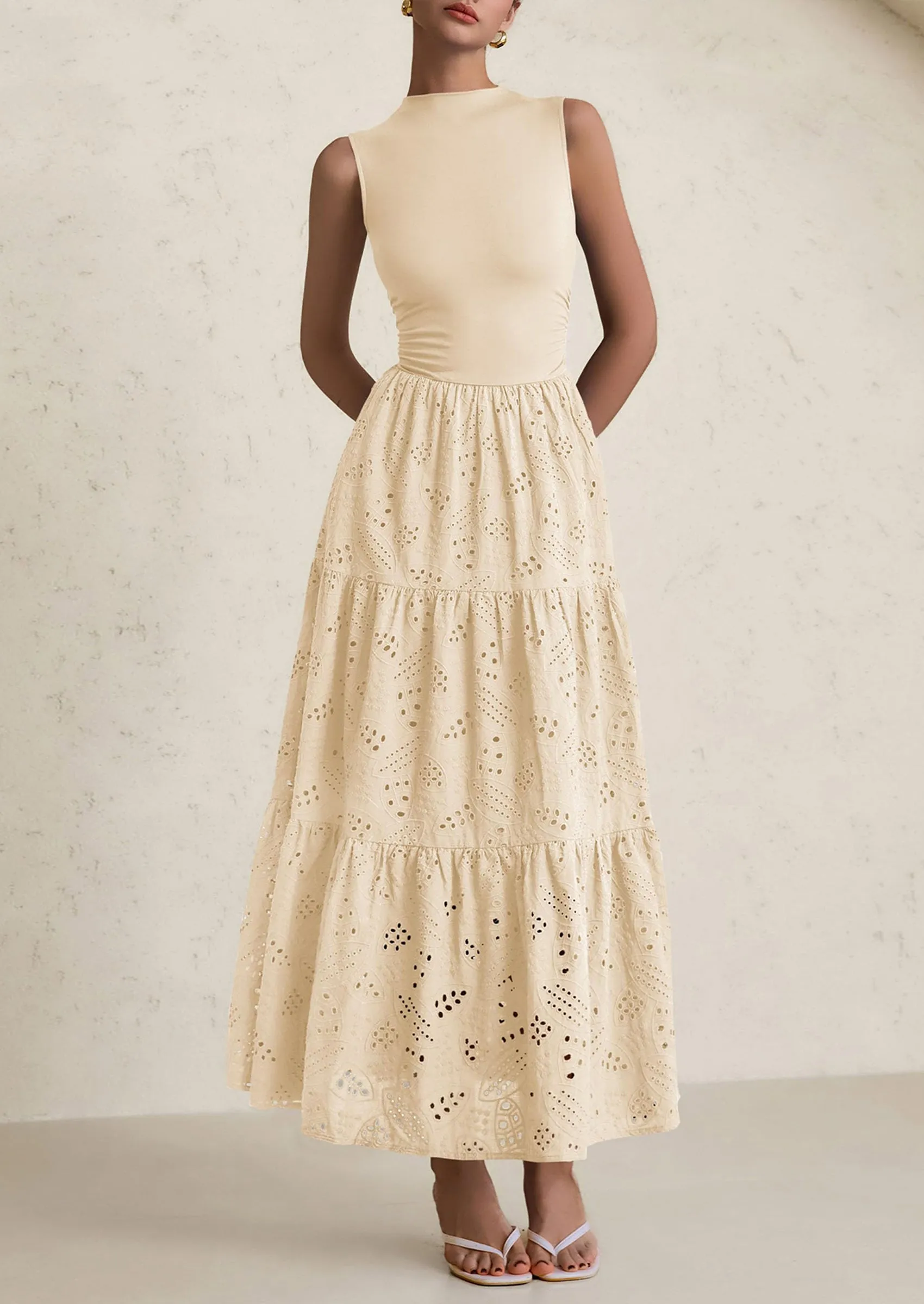 Casual Eyelet Sleeveless Maxi Dress with Pockets