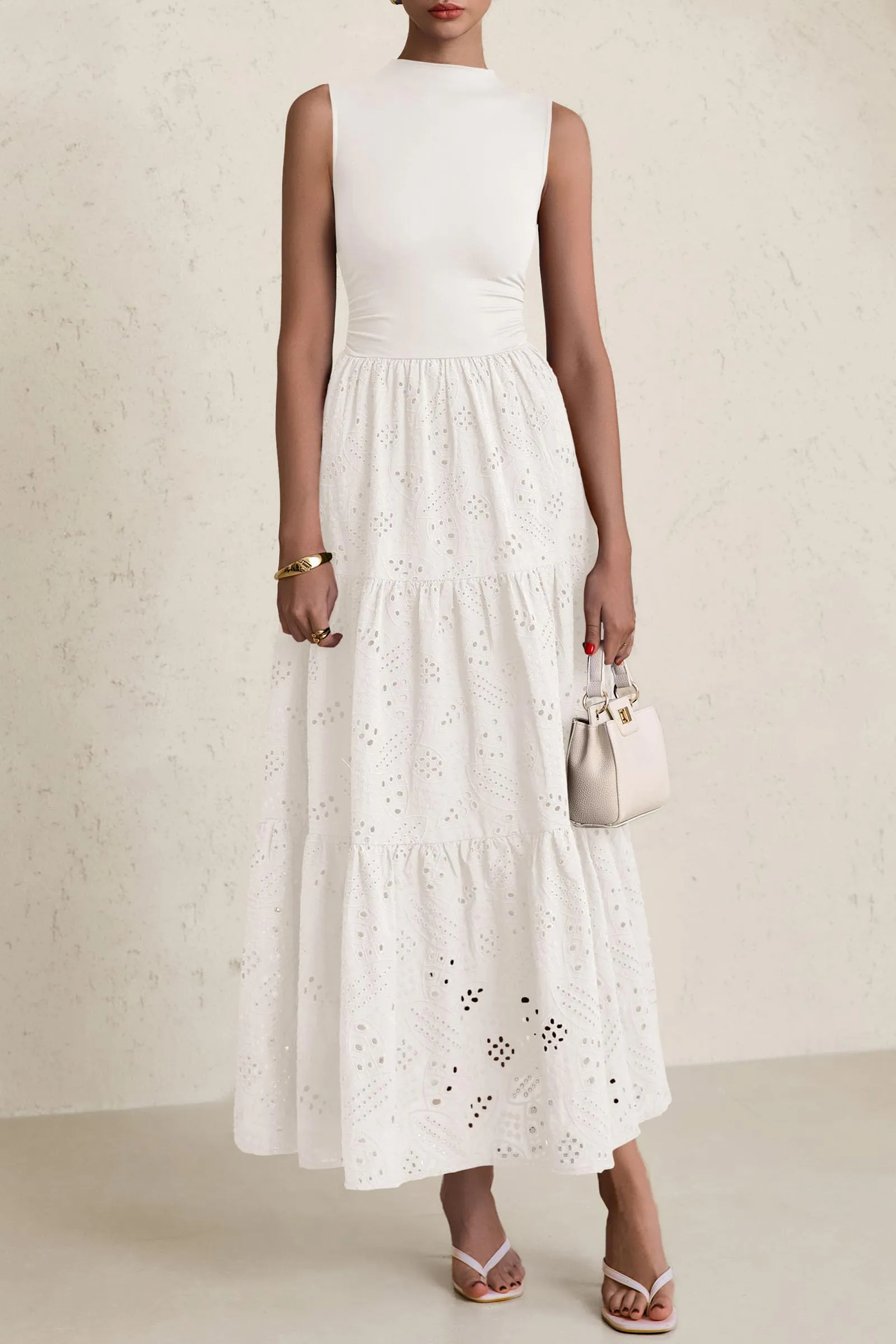 Casual Eyelet Sleeveless Maxi Dress with Pockets