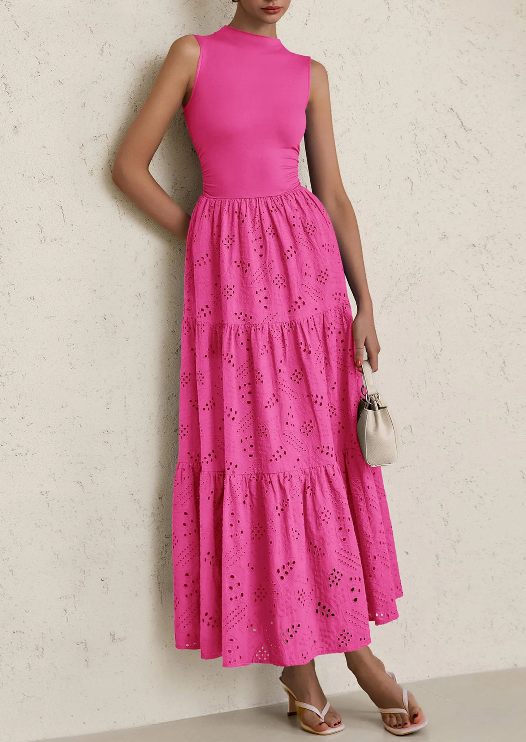 Casual Eyelet Sleeveless Maxi Dress with Pockets