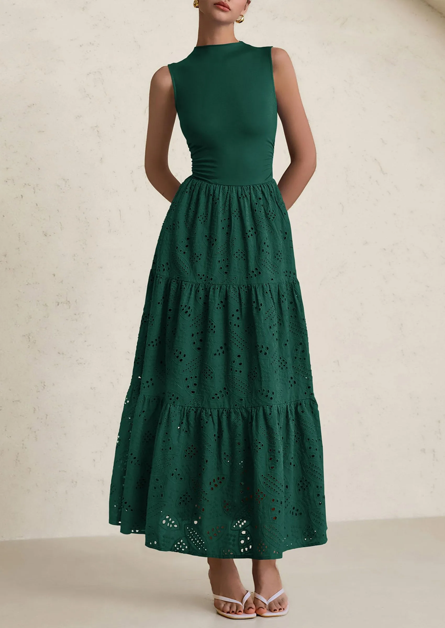 Casual Eyelet Sleeveless Maxi Dress with Pockets