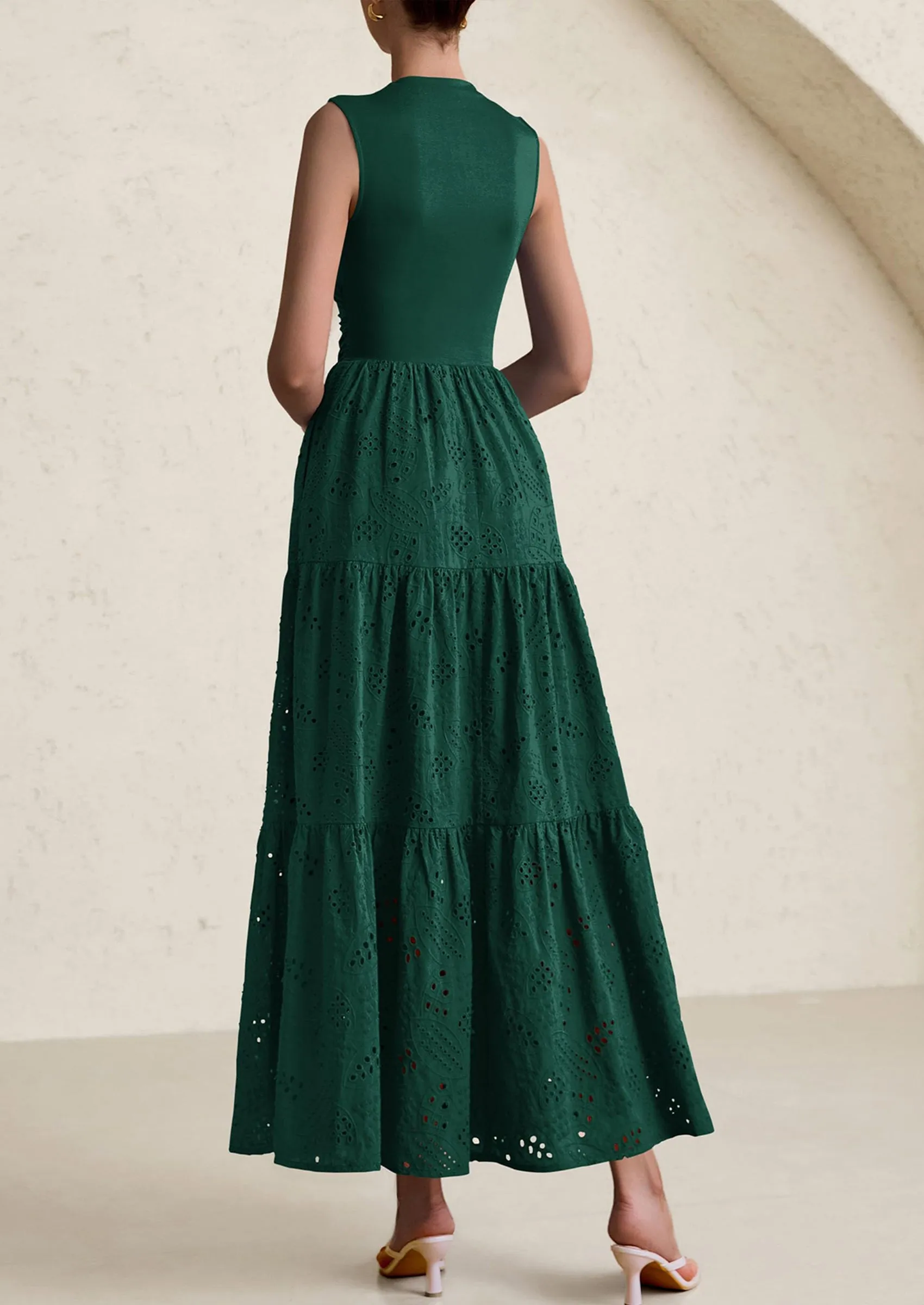 Casual Eyelet Sleeveless Maxi Dress with Pockets