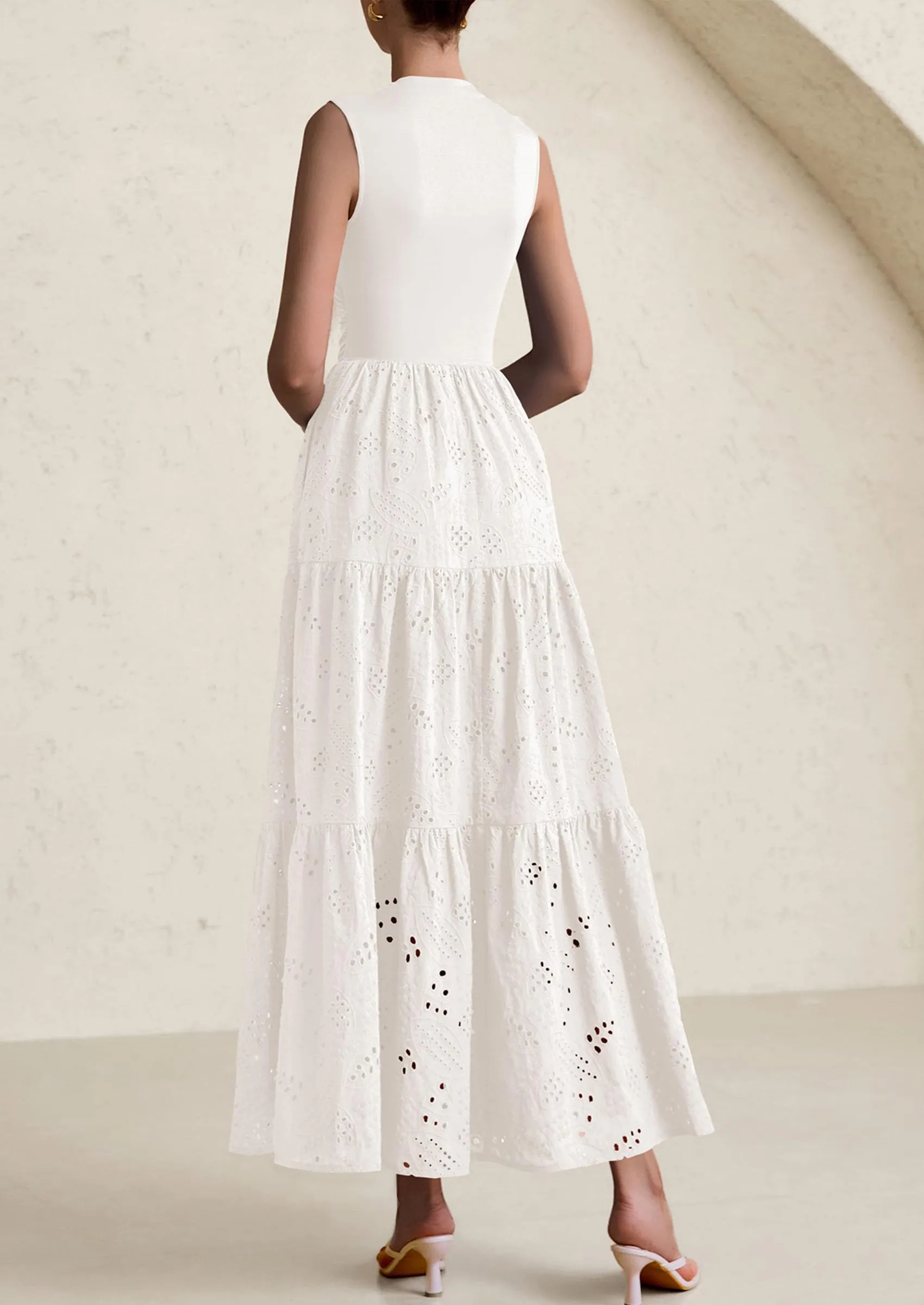 Casual Eyelet Sleeveless Maxi Dress with Pockets