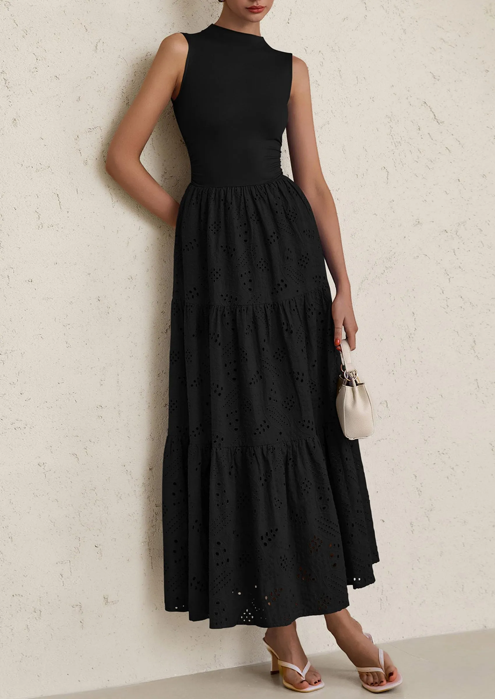 Casual Eyelet Sleeveless Maxi Dress with Pockets
