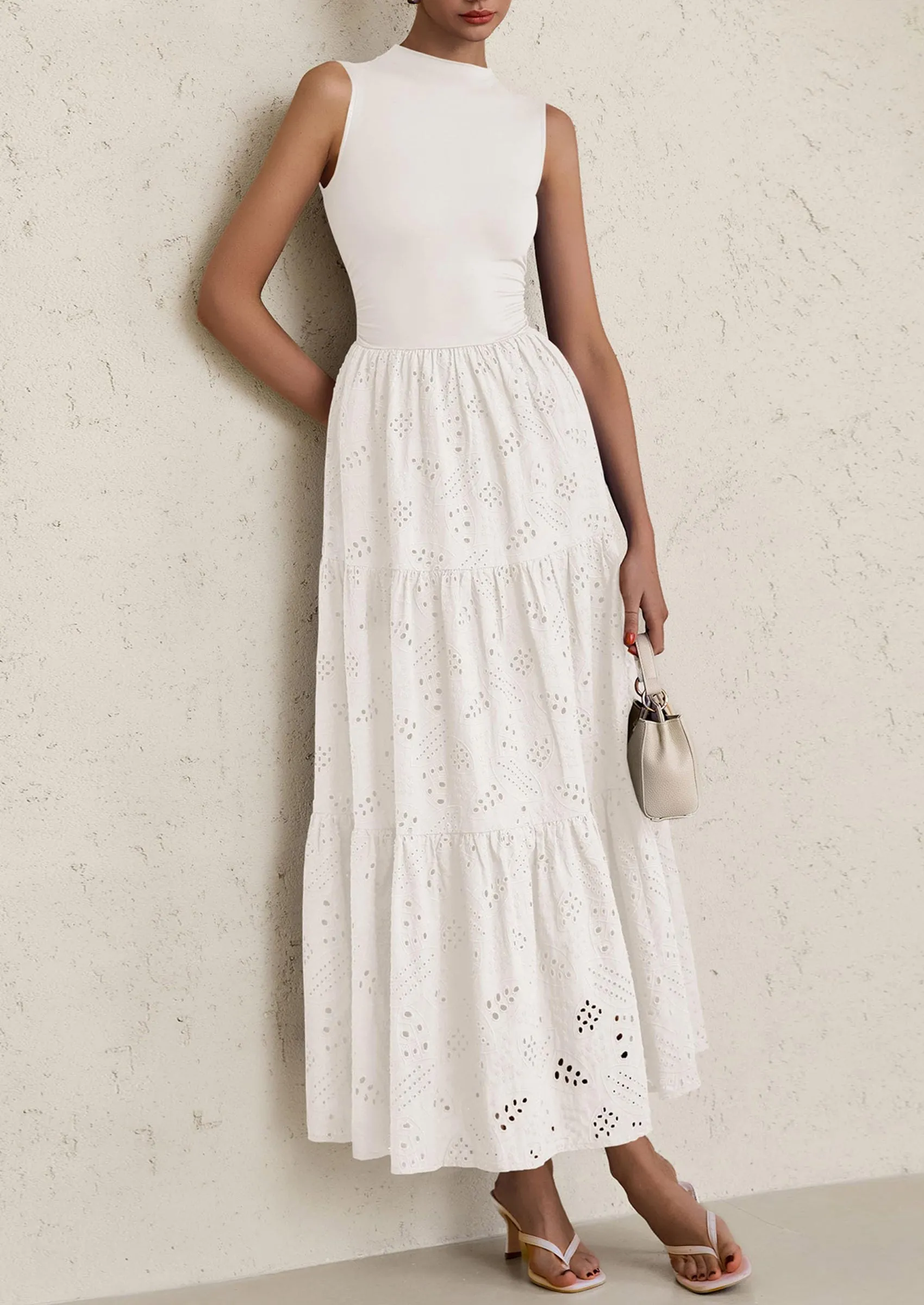 Casual Eyelet Sleeveless Maxi Dress with Pockets