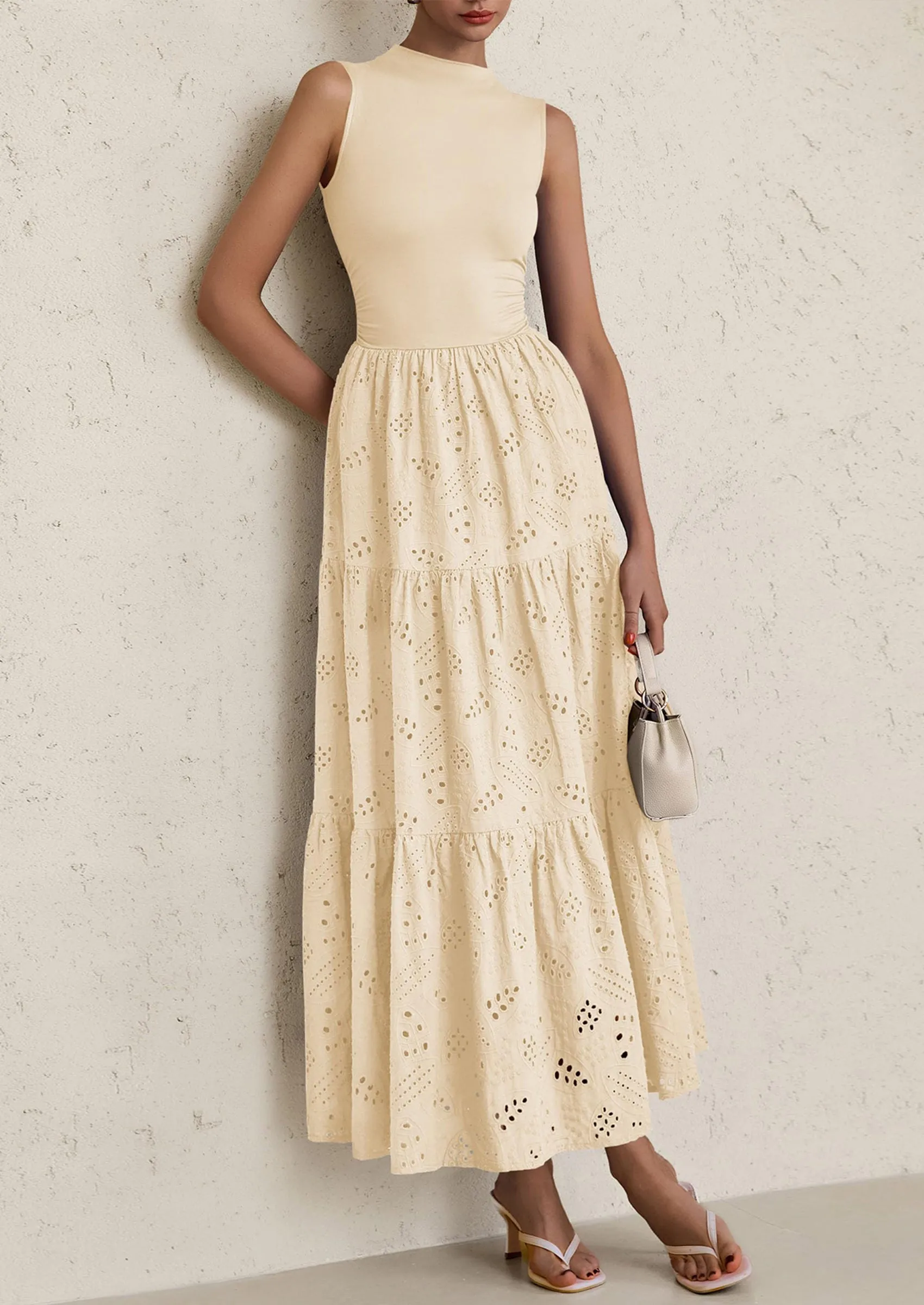 Casual Eyelet Sleeveless Maxi Dress with Pockets