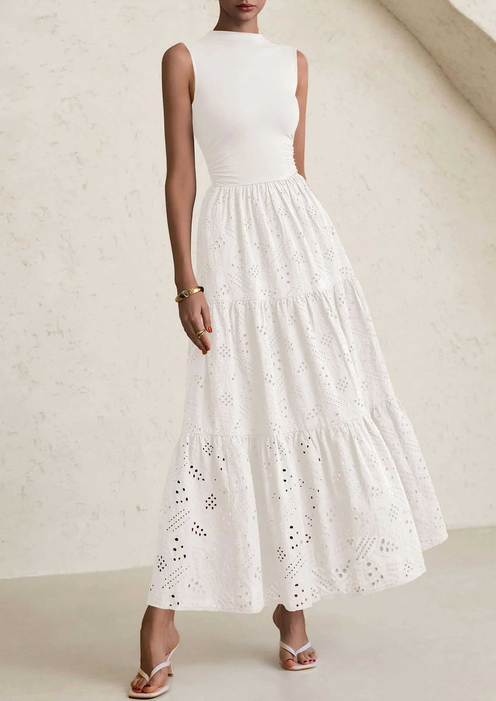Casual Eyelet Sleeveless Maxi Dress with Pockets