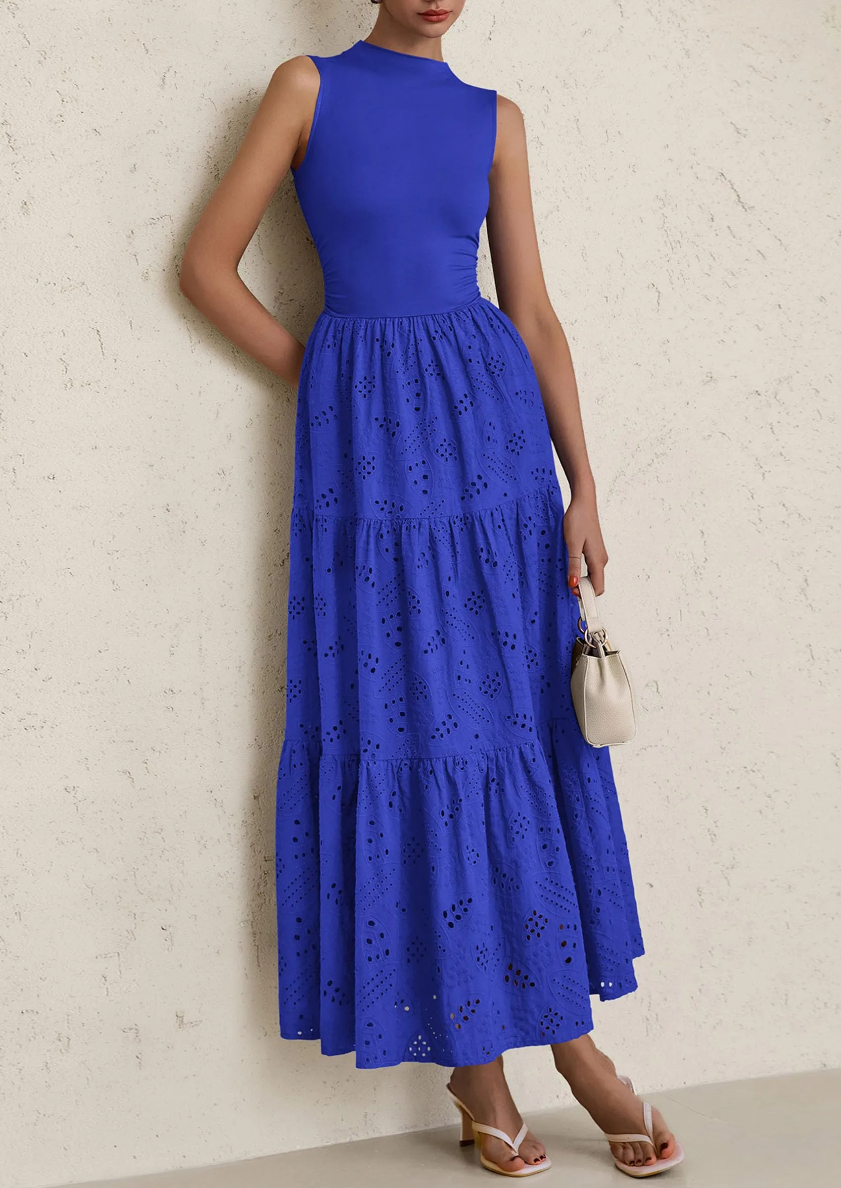 Casual Eyelet Sleeveless Maxi Dress with Pockets