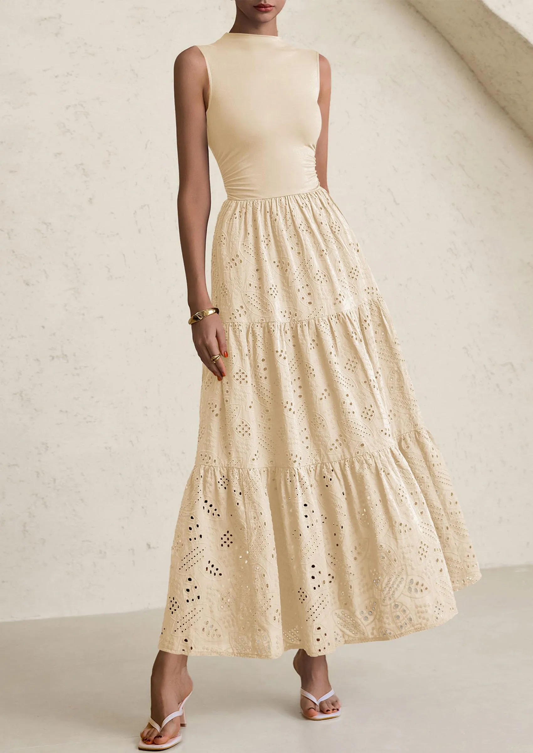 Casual Eyelet Sleeveless Maxi Dress with Pockets
