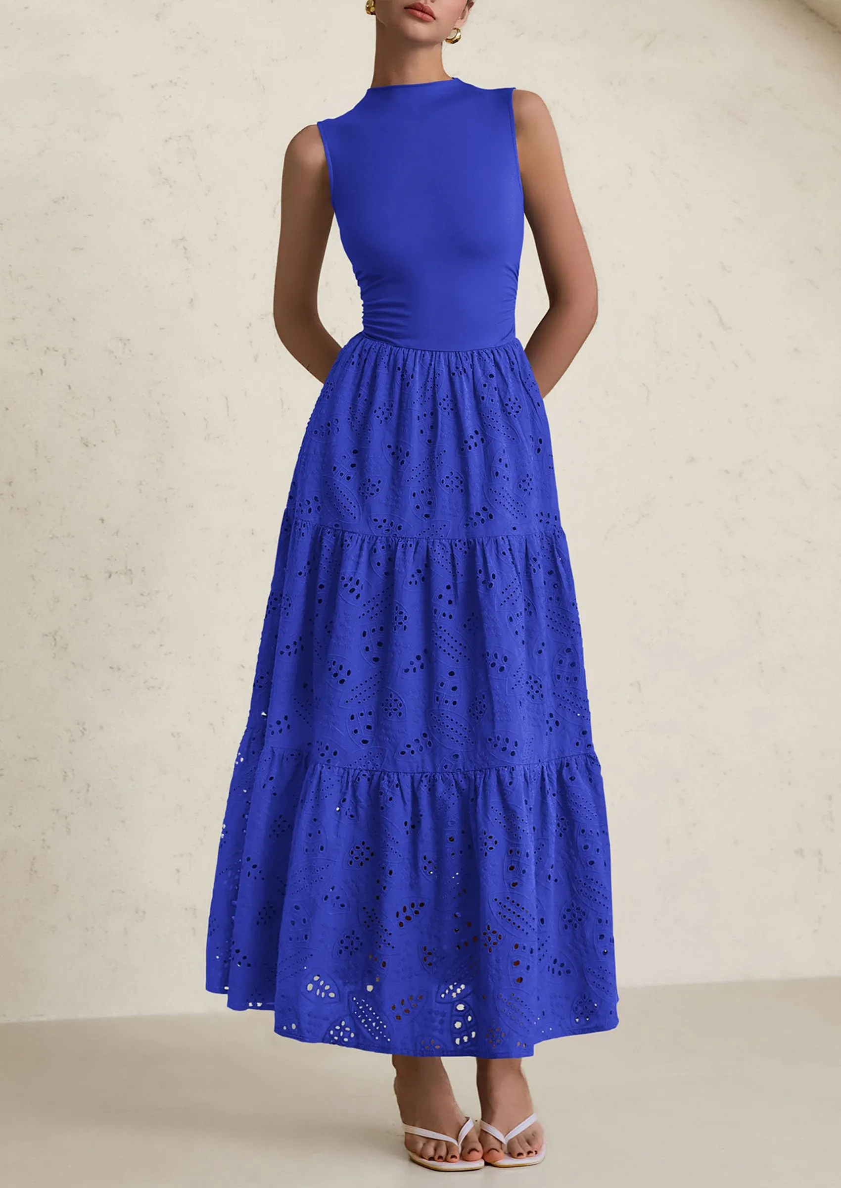 Casual Eyelet Sleeveless Maxi Dress with Pockets