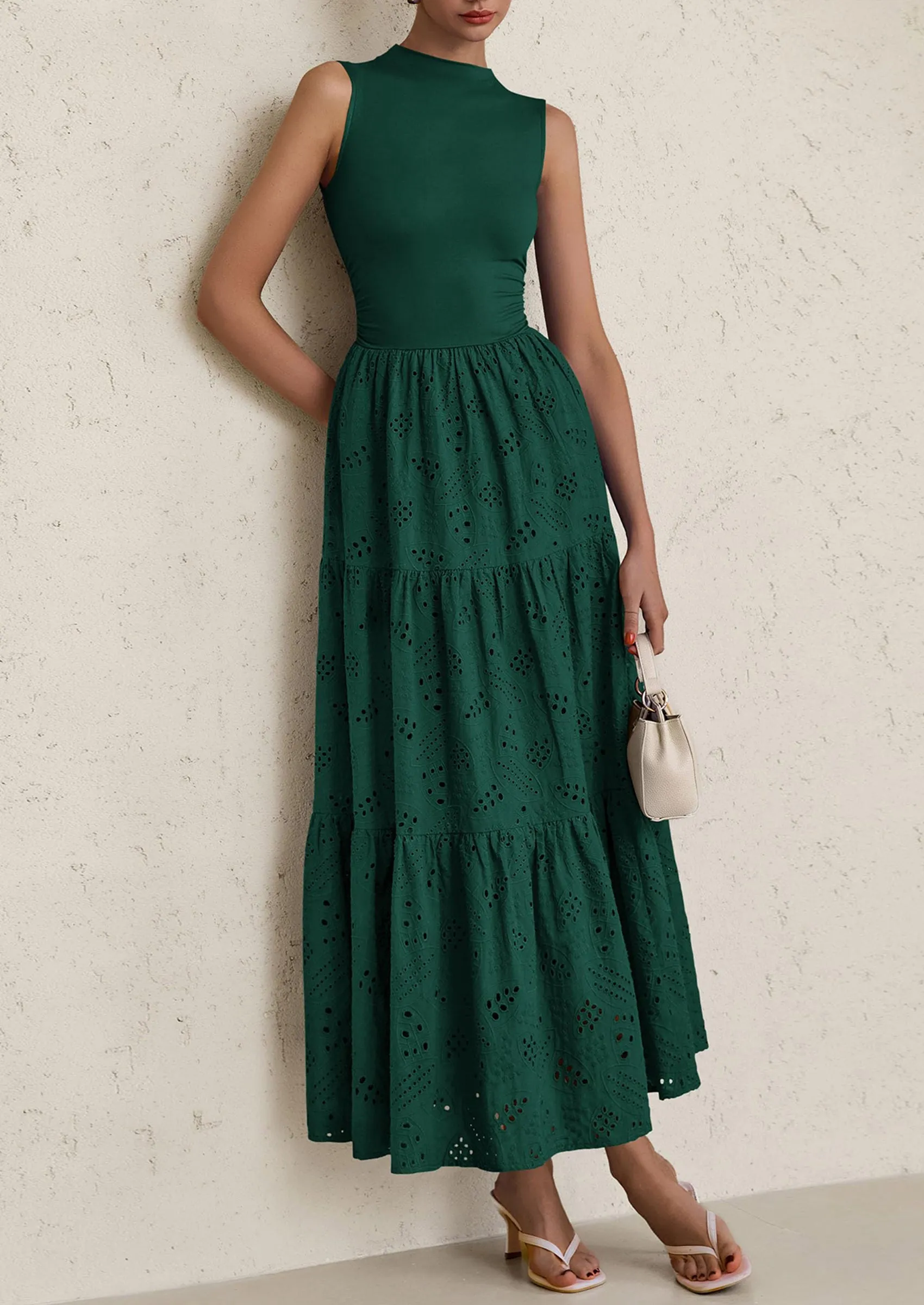 Casual Eyelet Sleeveless Maxi Dress with Pockets