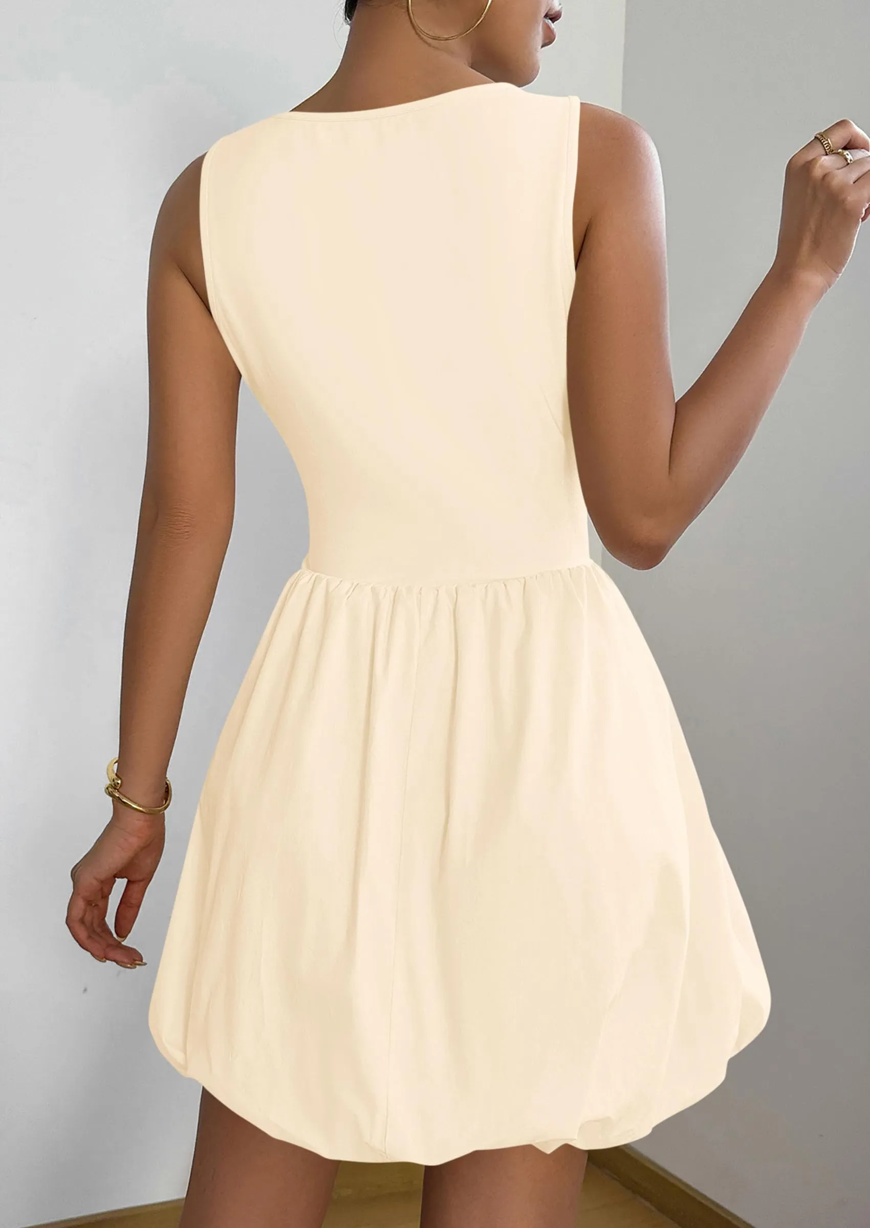 Casual Sleeveless Tank Mini Short Dress Crew Neck Bubble Dress with Pockets
