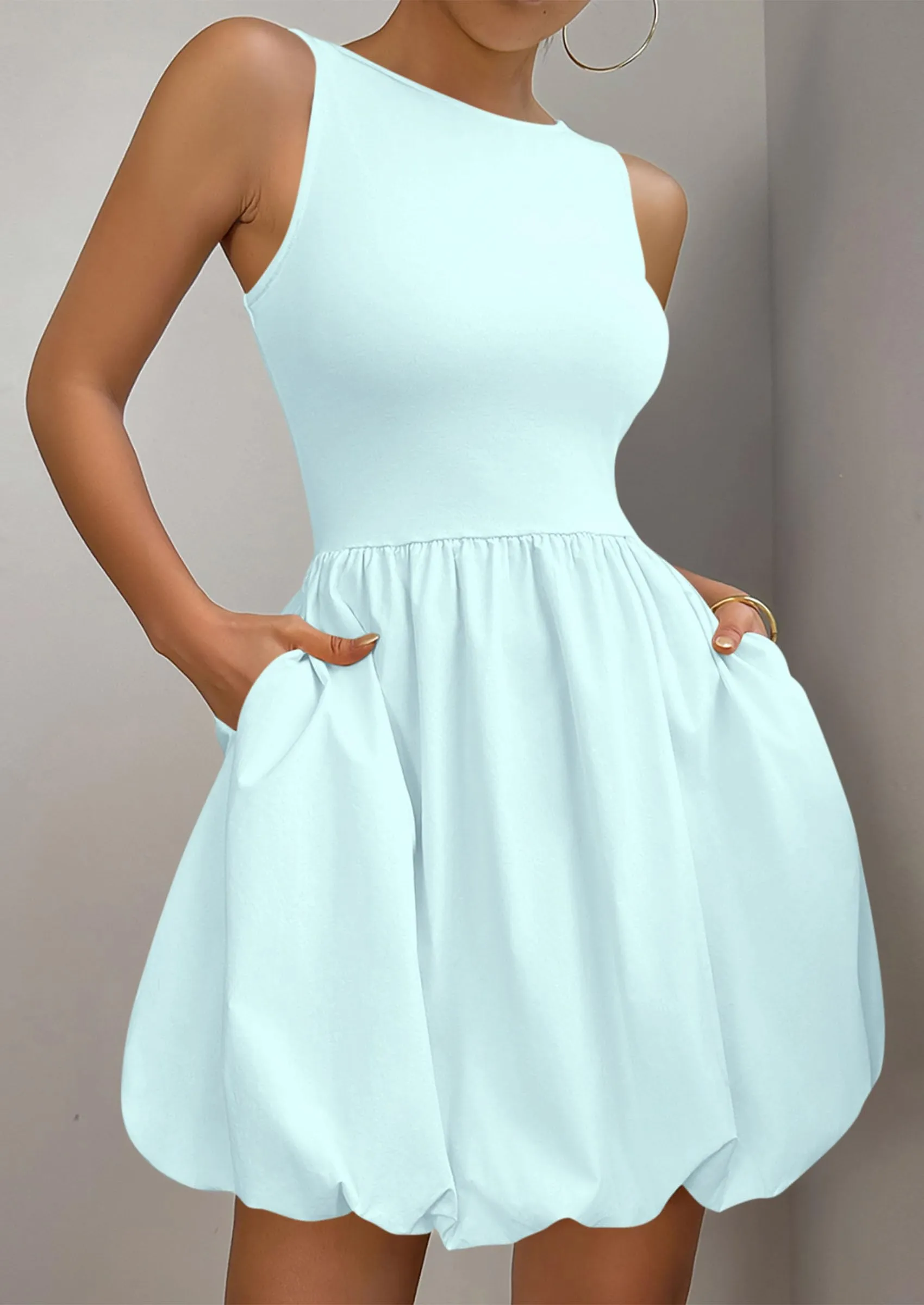 Casual Sleeveless Tank Mini Short Dress Crew Neck Bubble Dress with Pockets