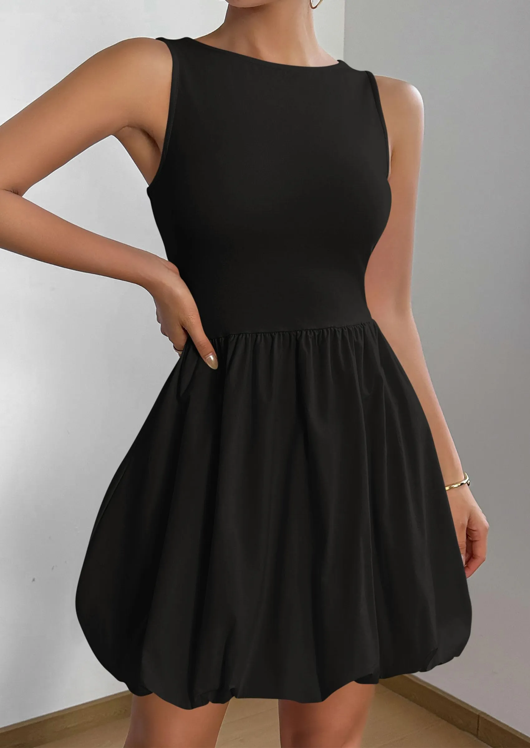 Casual Sleeveless Tank Mini Short Dress Crew Neck Bubble Dress with Pockets