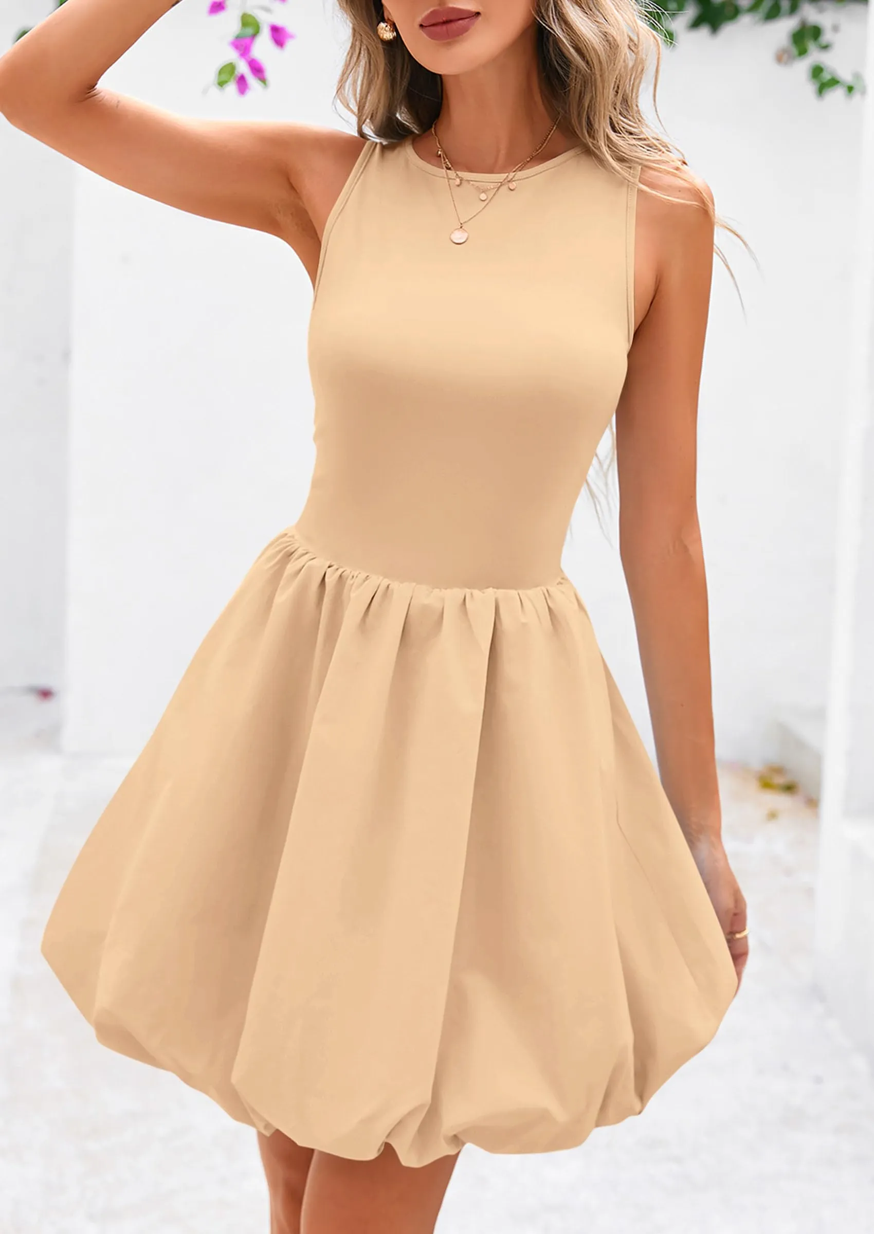 Casual Sleeveless Tank Mini Short Dress Crew Neck Bubble Dress with Pockets