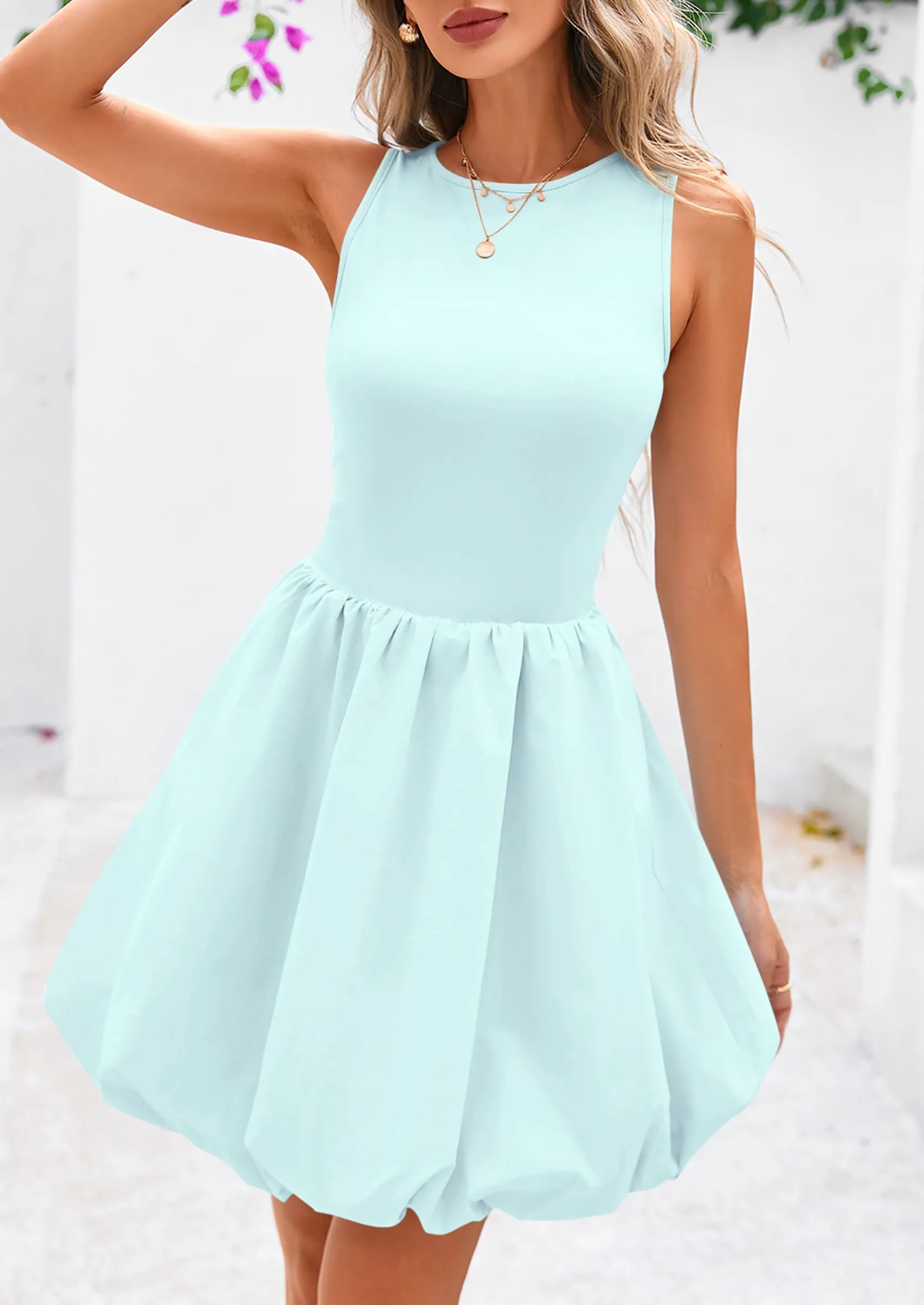 Casual Sleeveless Tank Mini Short Dress Crew Neck Bubble Dress with Pockets
