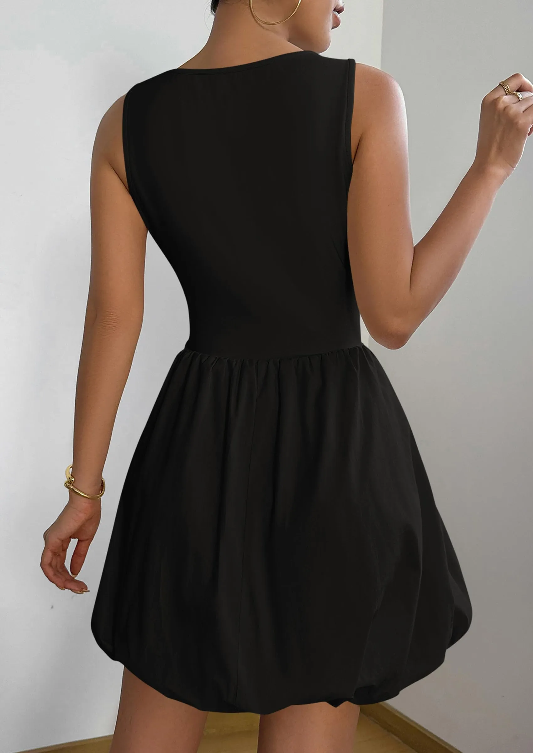 Casual Sleeveless Tank Mini Short Dress Crew Neck Bubble Dress with Pockets