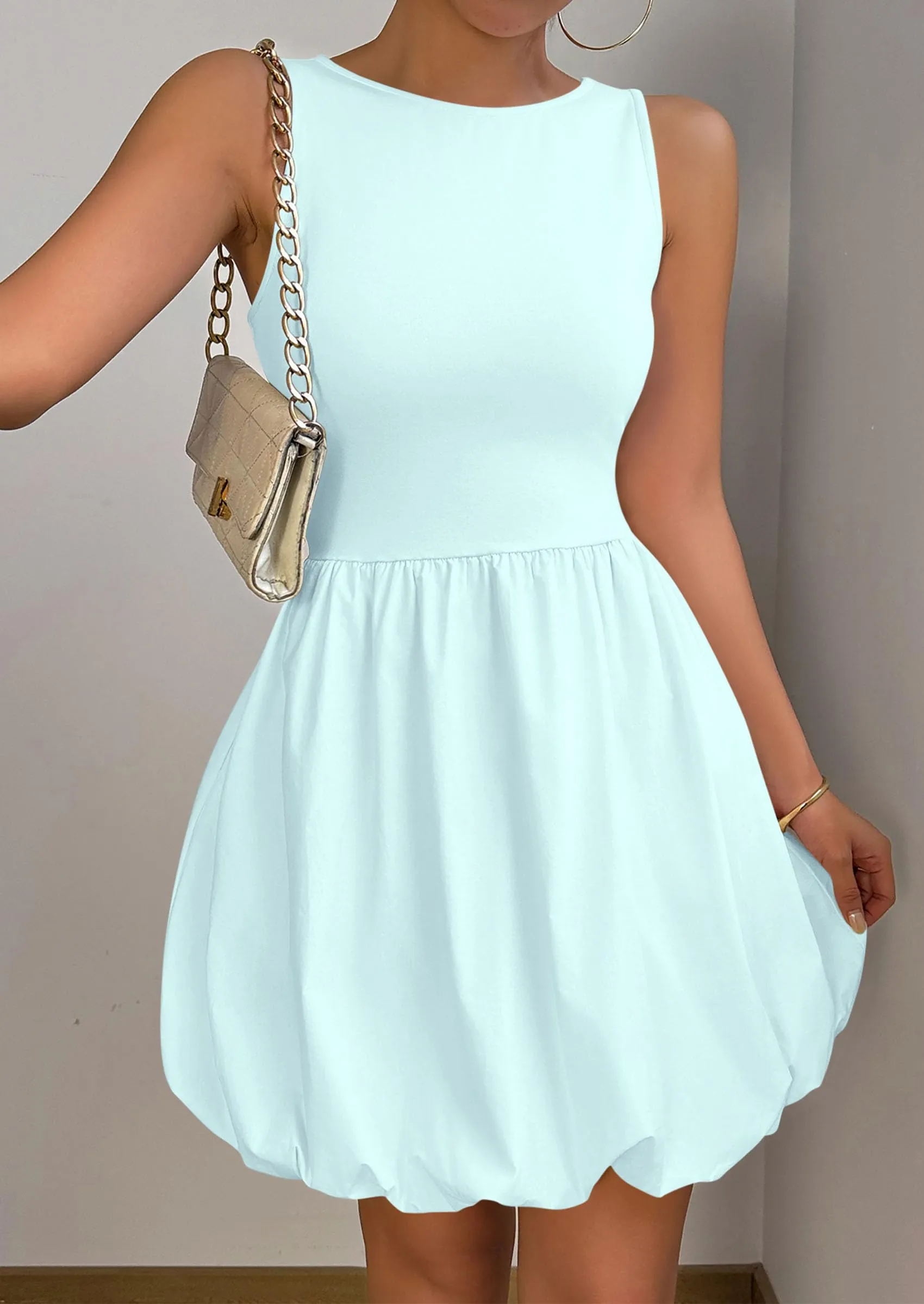 Casual Sleeveless Tank Mini Short Dress Crew Neck Bubble Dress with Pockets