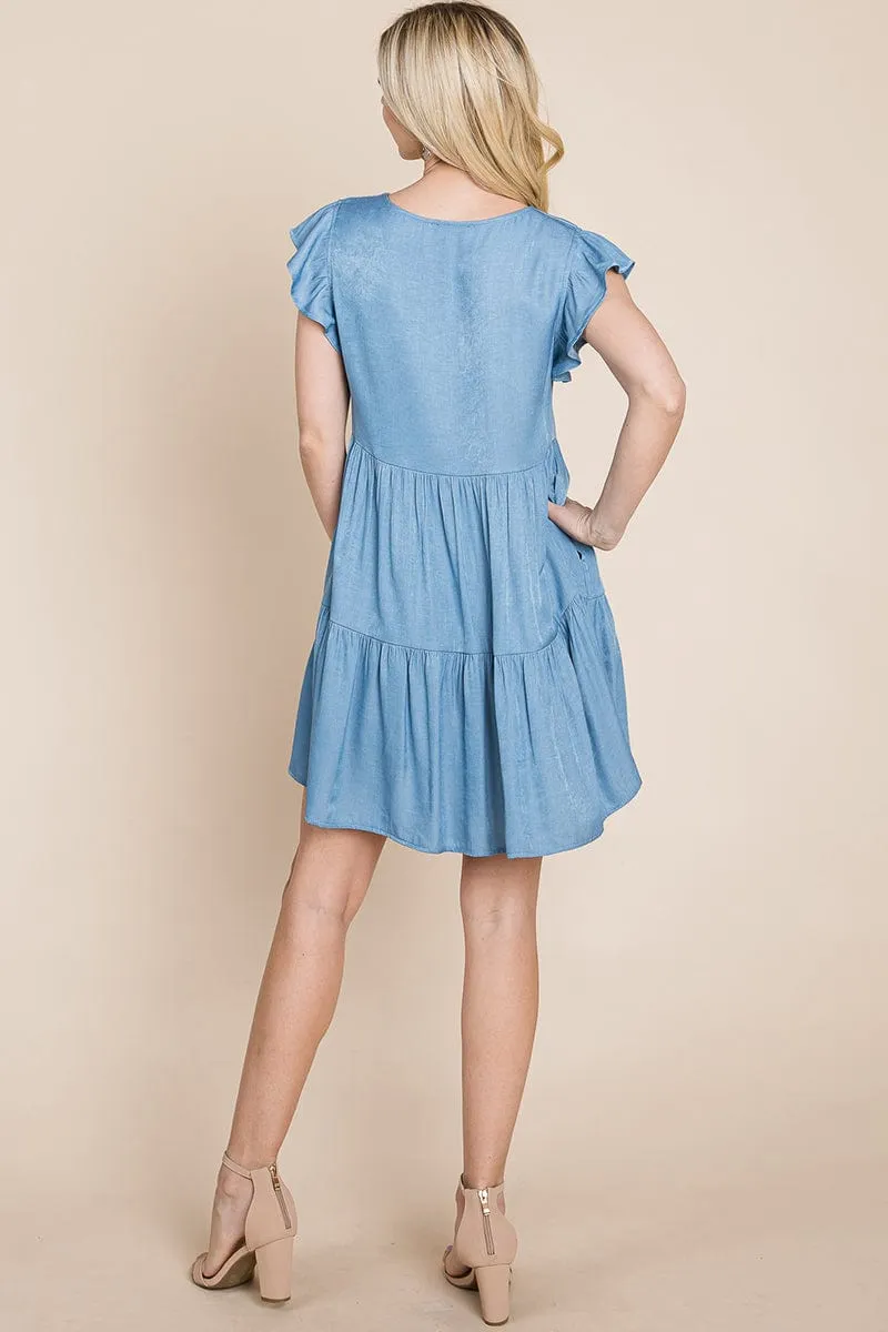 Chambray Pleated Tiered ruffle Sleeve Dress