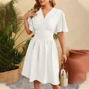 Color Short Sleeve V Neck Tie Waist A-Line Ruched Vacation Midi Solid Dress