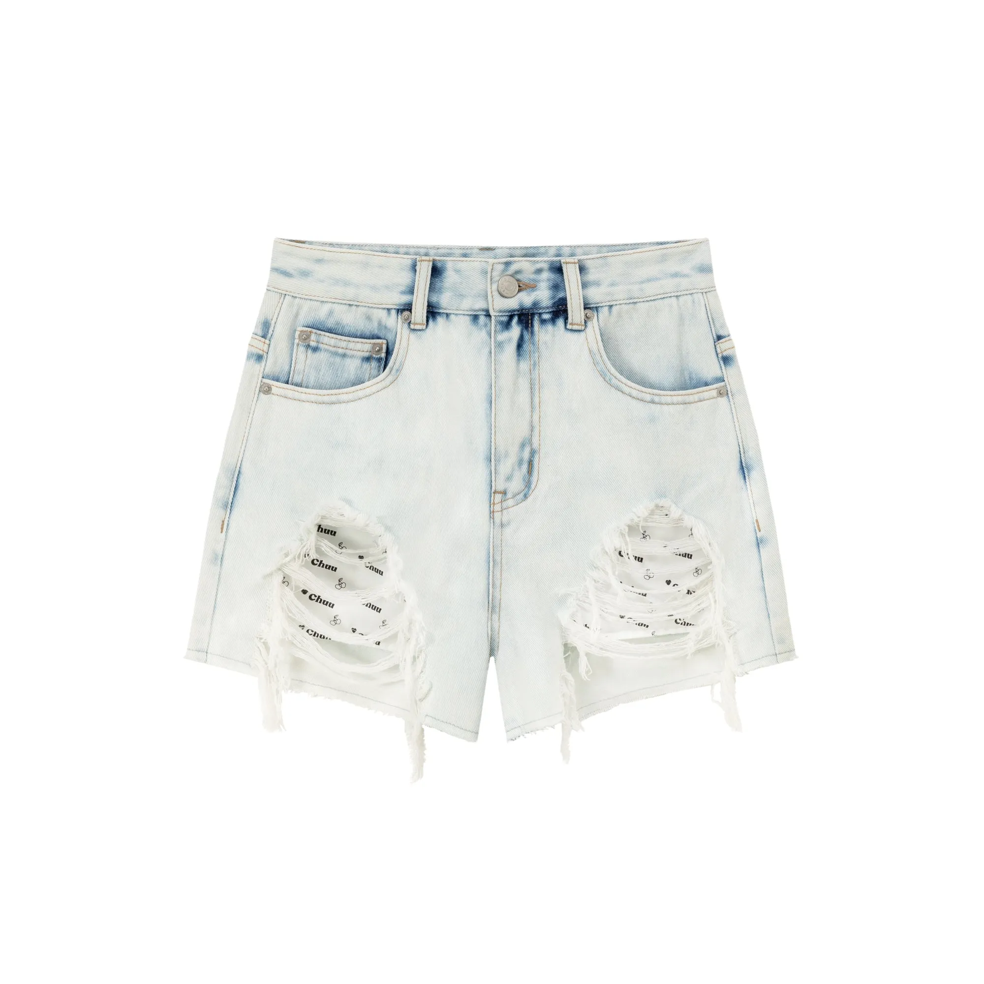Exposed Logo Pocket Liner Distressed Denim Shorts
