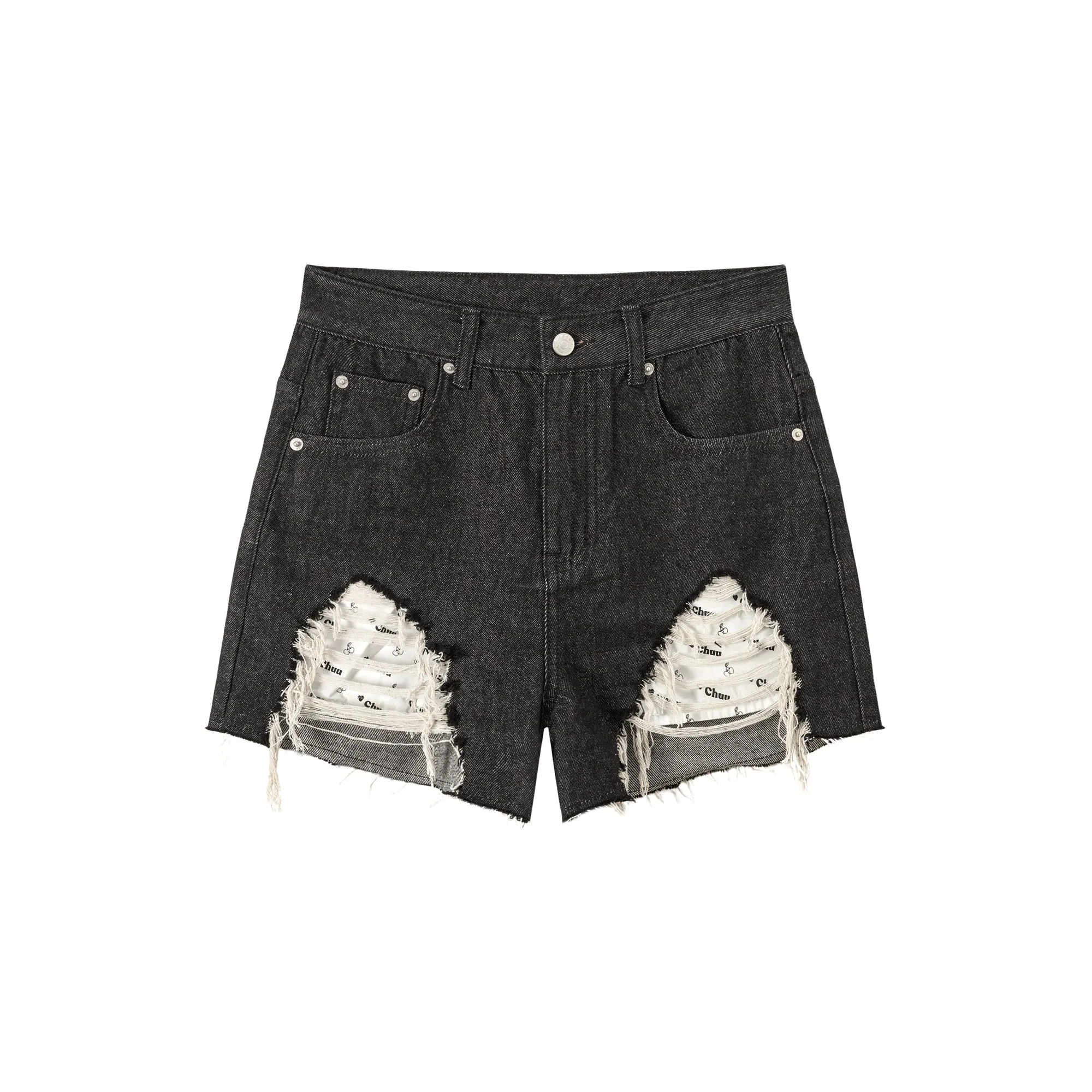 Exposed Logo Pocket Liner Distressed Denim Shorts