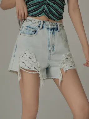 Exposed Logo Pocket Liner Distressed Denim Shorts