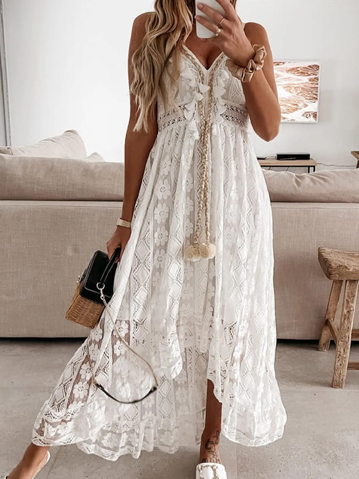 Flowy Lace Sun Dress with Tassels (cotton blend) sizes up to 2XL