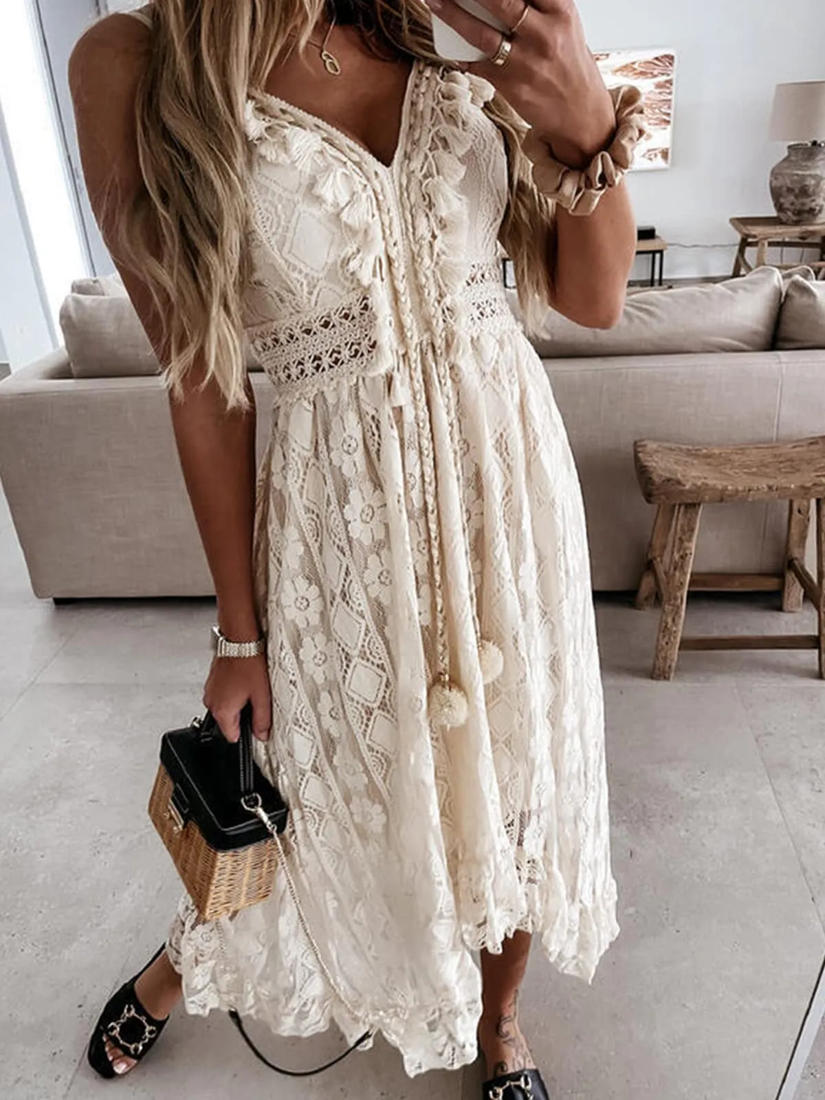 Flowy Lace Sun Dress with Tassels (cotton blend) sizes up to 2XL
