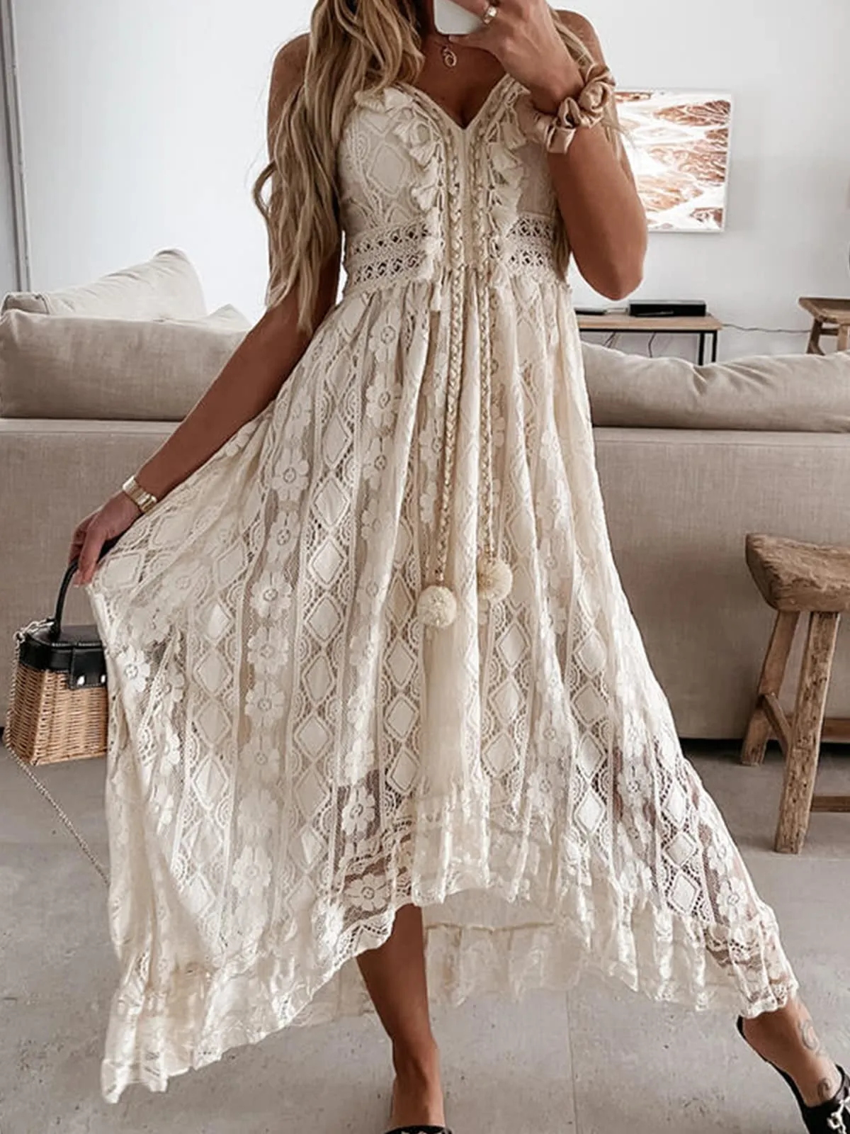 Flowy Lace Sun Dress with Tassels (cotton blend) sizes up to 2XL