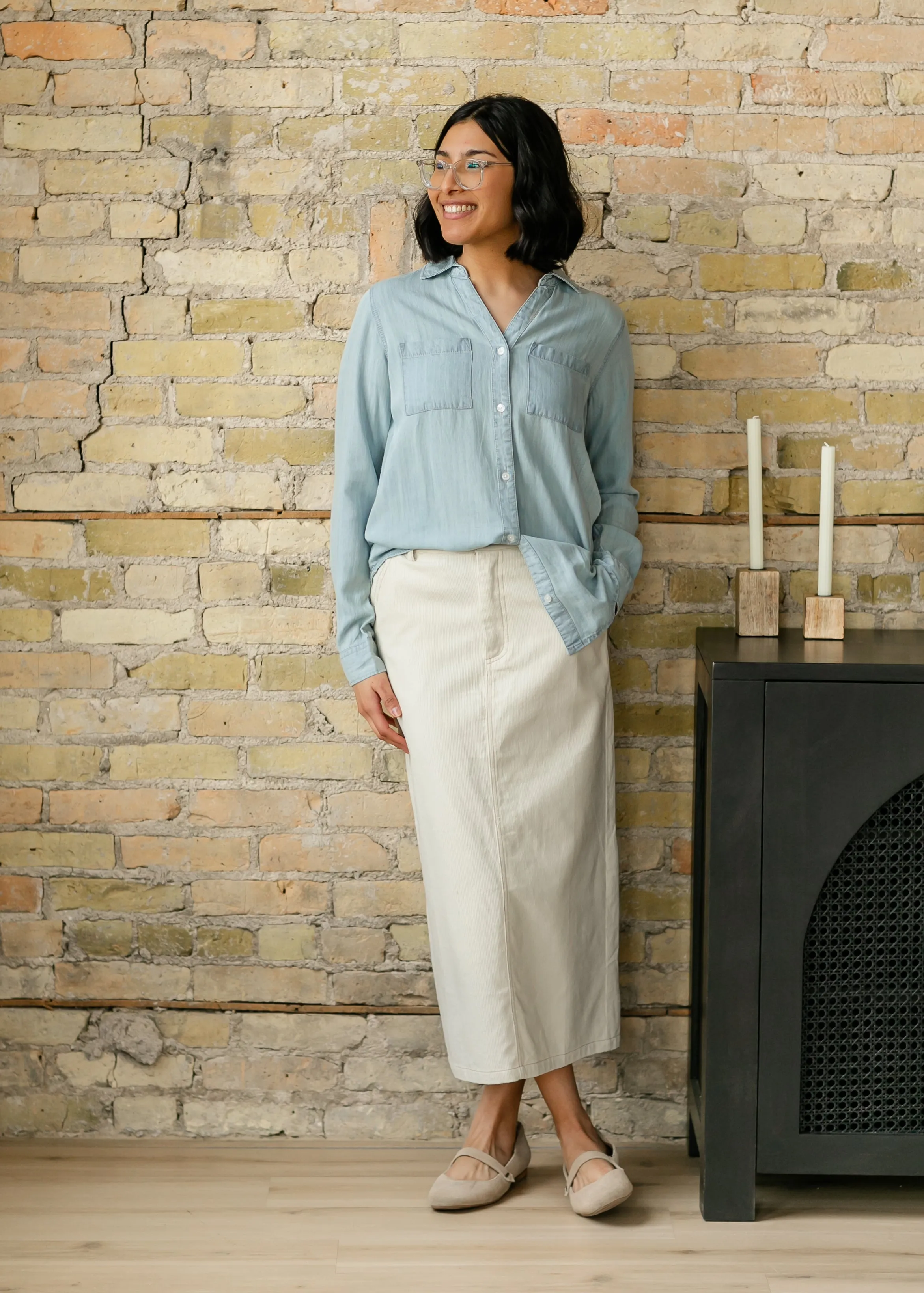 Ginger Chambray Button Up Long Sleeve Top