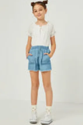 Girls Distressed Hem Patch Pocket Shorts