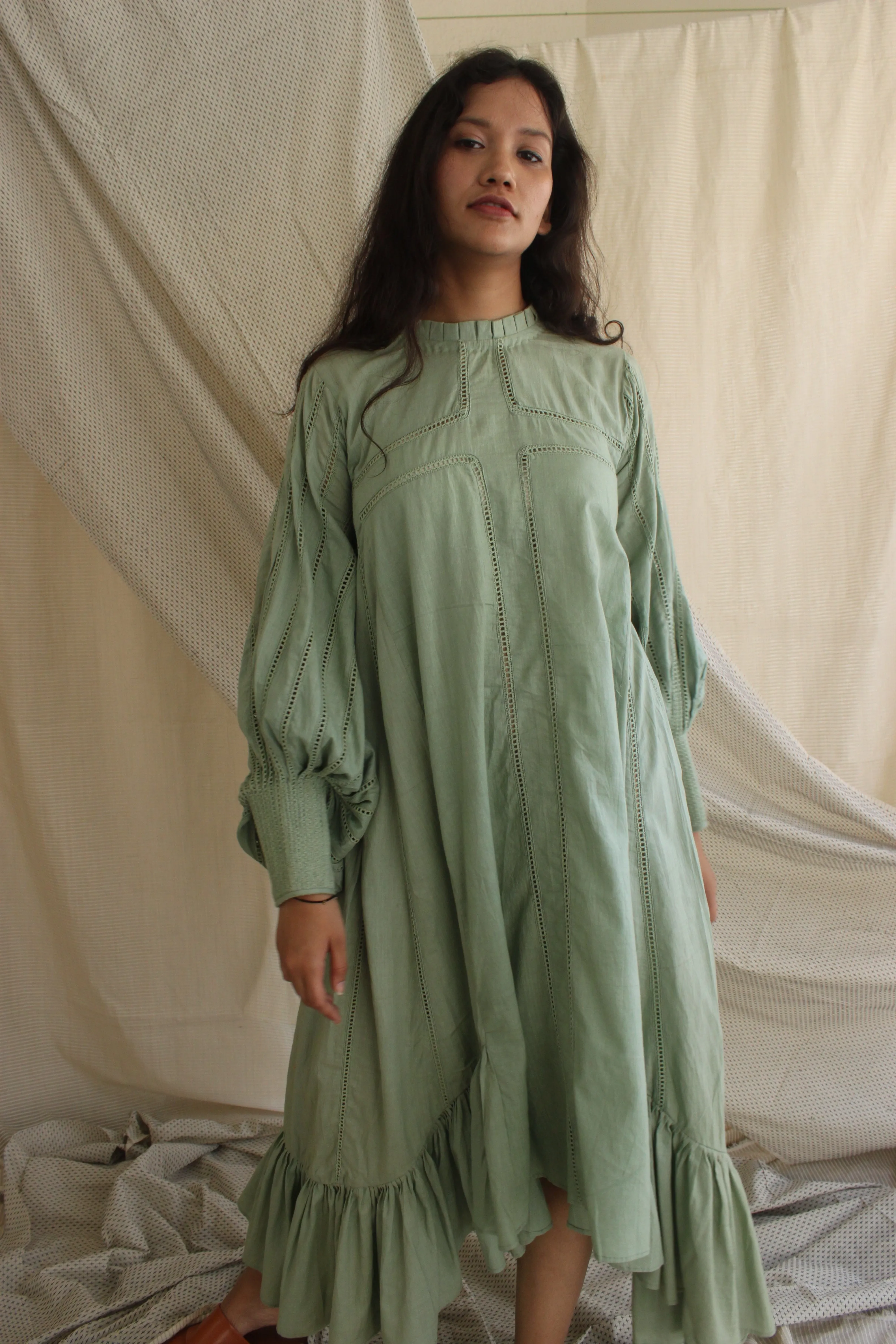 Green Ruffled Full Sleeves Dress