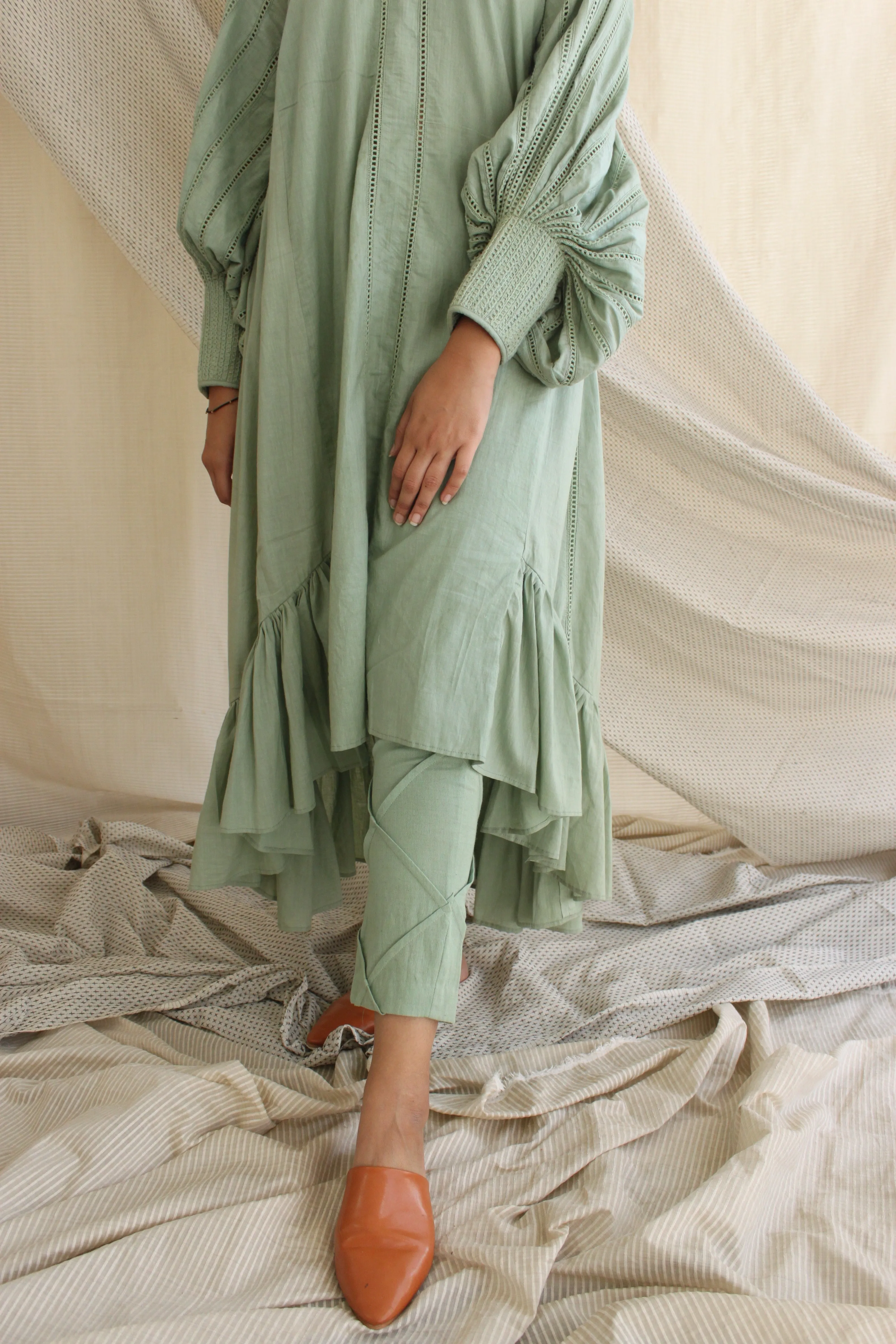 Green Ruffled Full Sleeves Dress