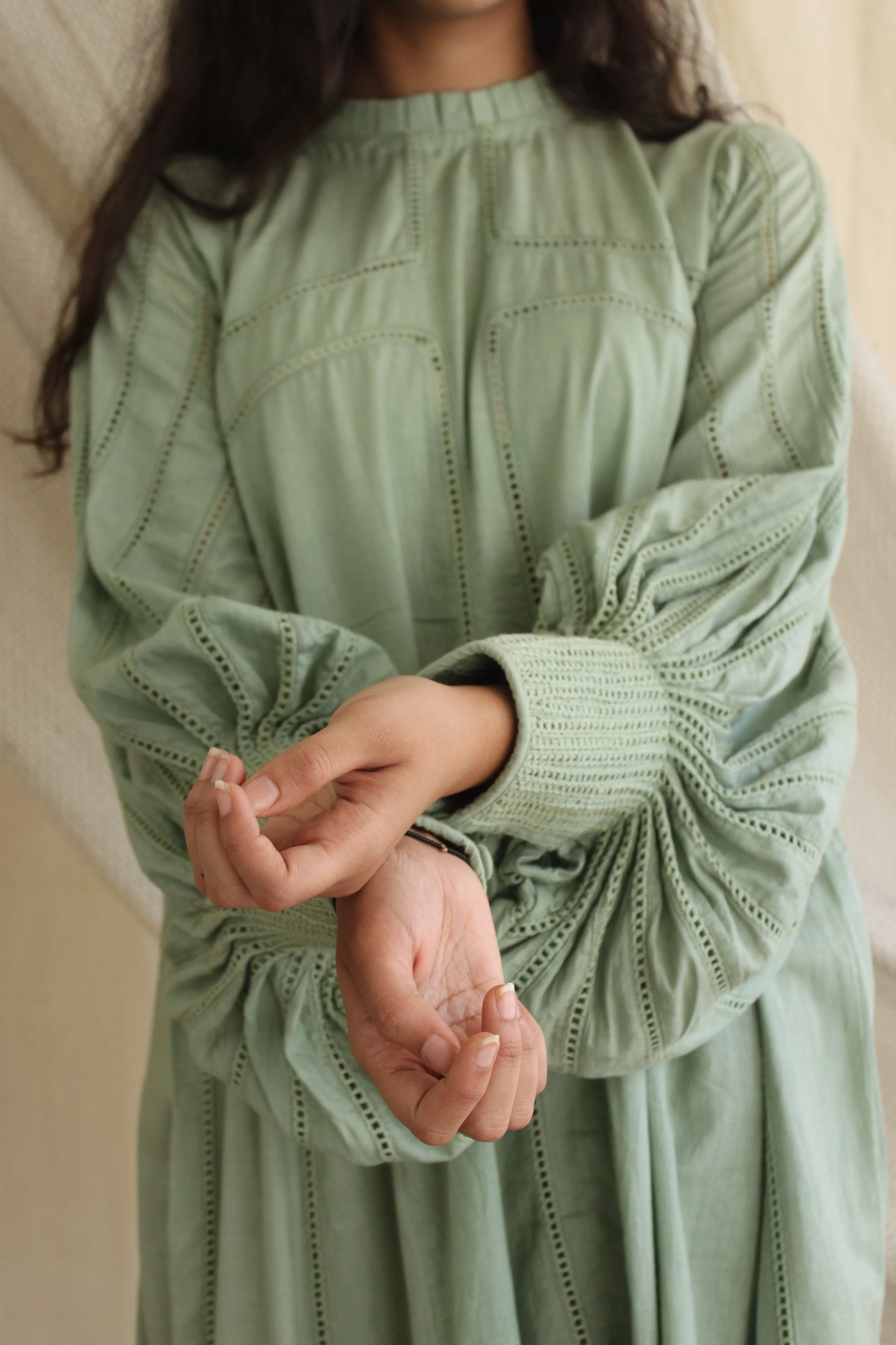 Green Ruffled Full Sleeves Dress