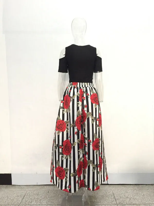 JRRY New Two Pieces Casual Women Maxi Dresses Short Sleeve Black Top Long Pattern Floral Dress Plus Size 6XL Vestidos
