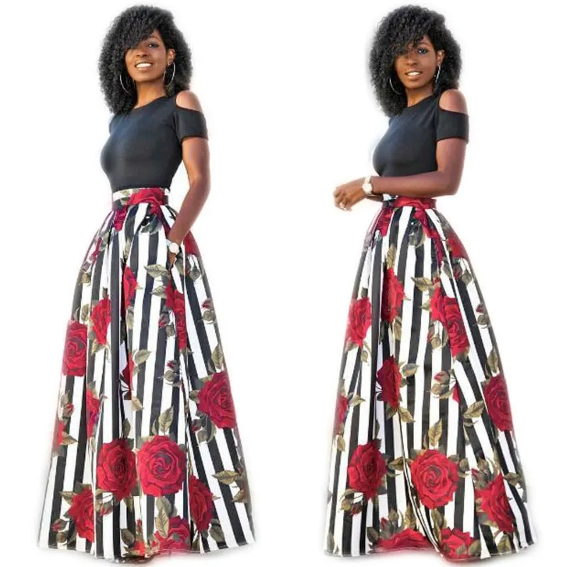 JRRY New Two Pieces Casual Women Maxi Dresses Short Sleeve Black Top Long Pattern Floral Dress Plus Size 6XL Vestidos