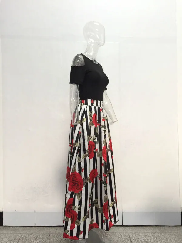 JRRY New Two Pieces Casual Women Maxi Dresses Short Sleeve Black Top Long Pattern Floral Dress Plus Size 6XL Vestidos
