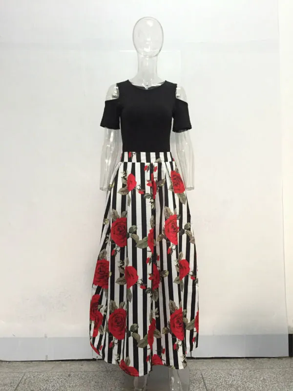 JRRY New Two Pieces Casual Women Maxi Dresses Short Sleeve Black Top Long Pattern Floral Dress Plus Size 6XL Vestidos