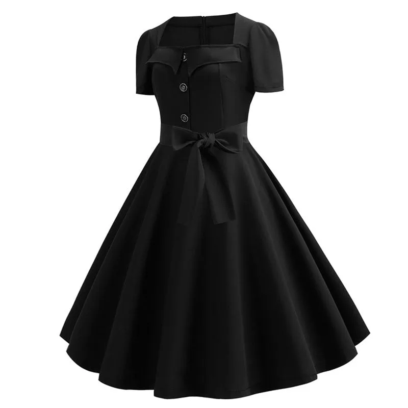 LANFUBEISI  Front Belted Casual Dress Vintage A Line Mini LBD Dresses