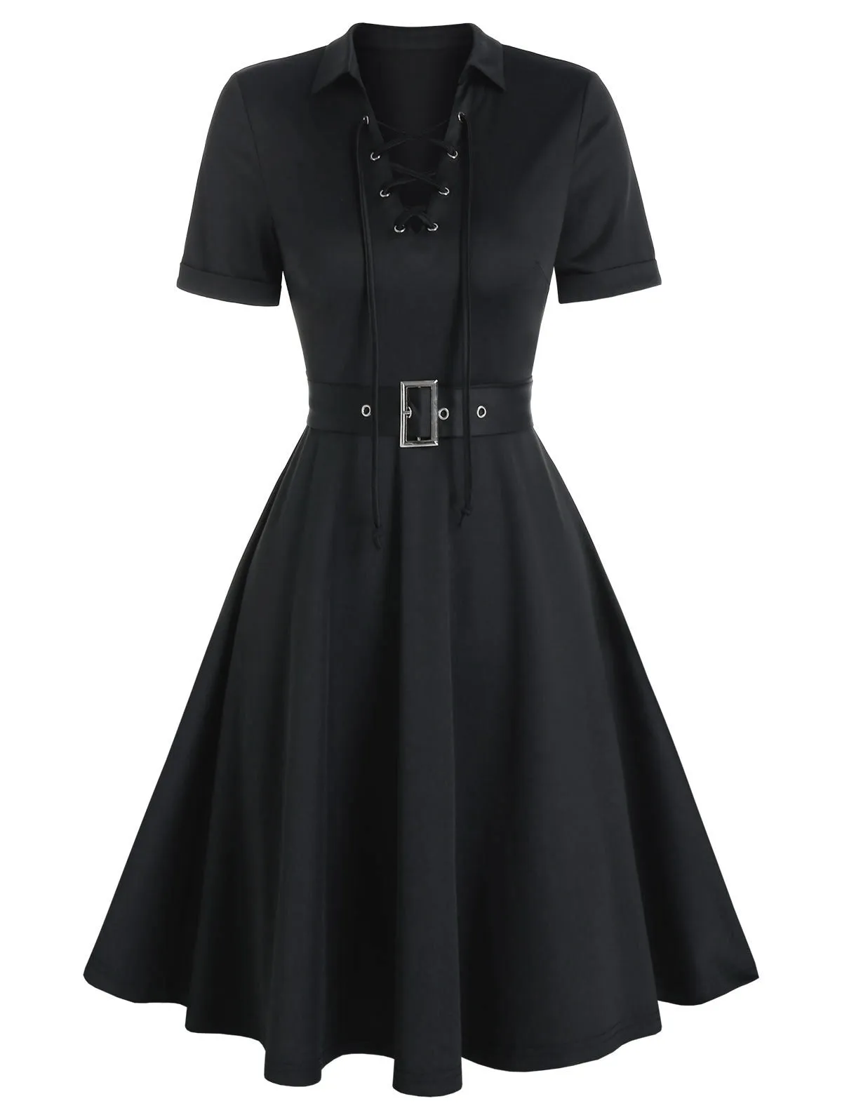LANFUBEISI  Front Belted Casual Dress Vintage A Line Mini LBD Dresses