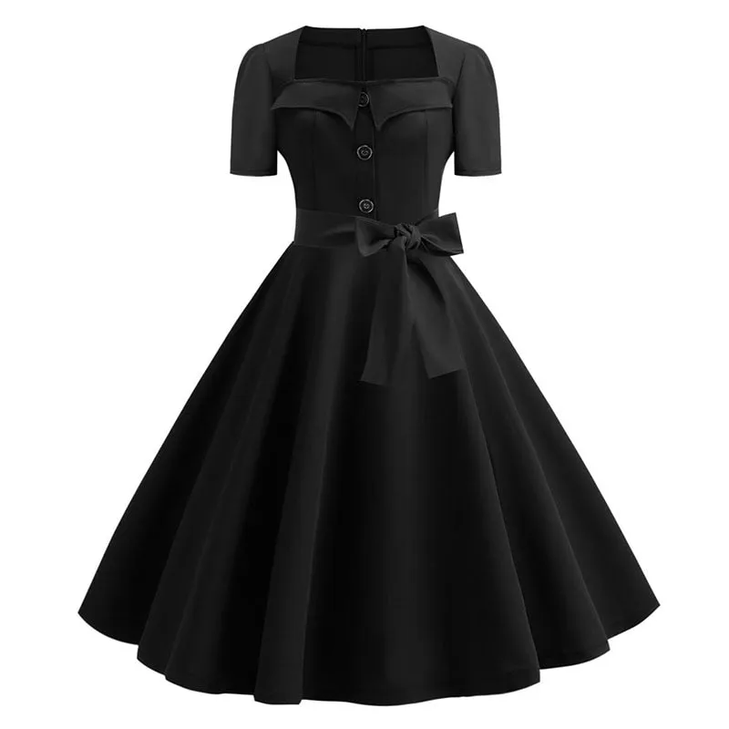LANFUBEISI  Front Belted Casual Dress Vintage A Line Mini LBD Dresses