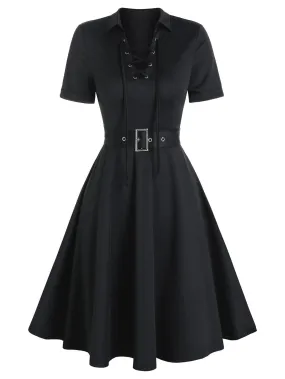LANFUBEISI  Front Belted Casual Dress Vintage A Line Mini LBD Dresses