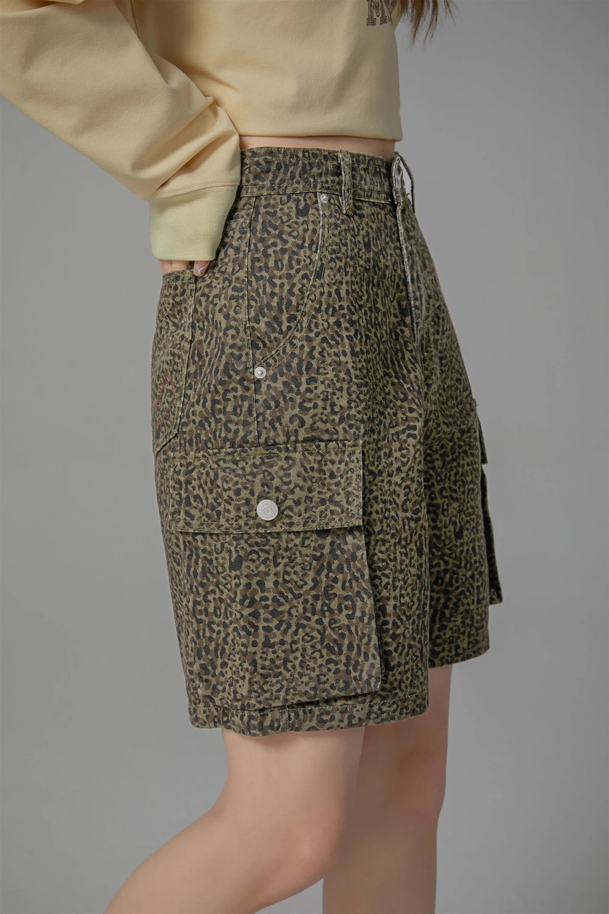 Leopard Pocket Denim Shorts