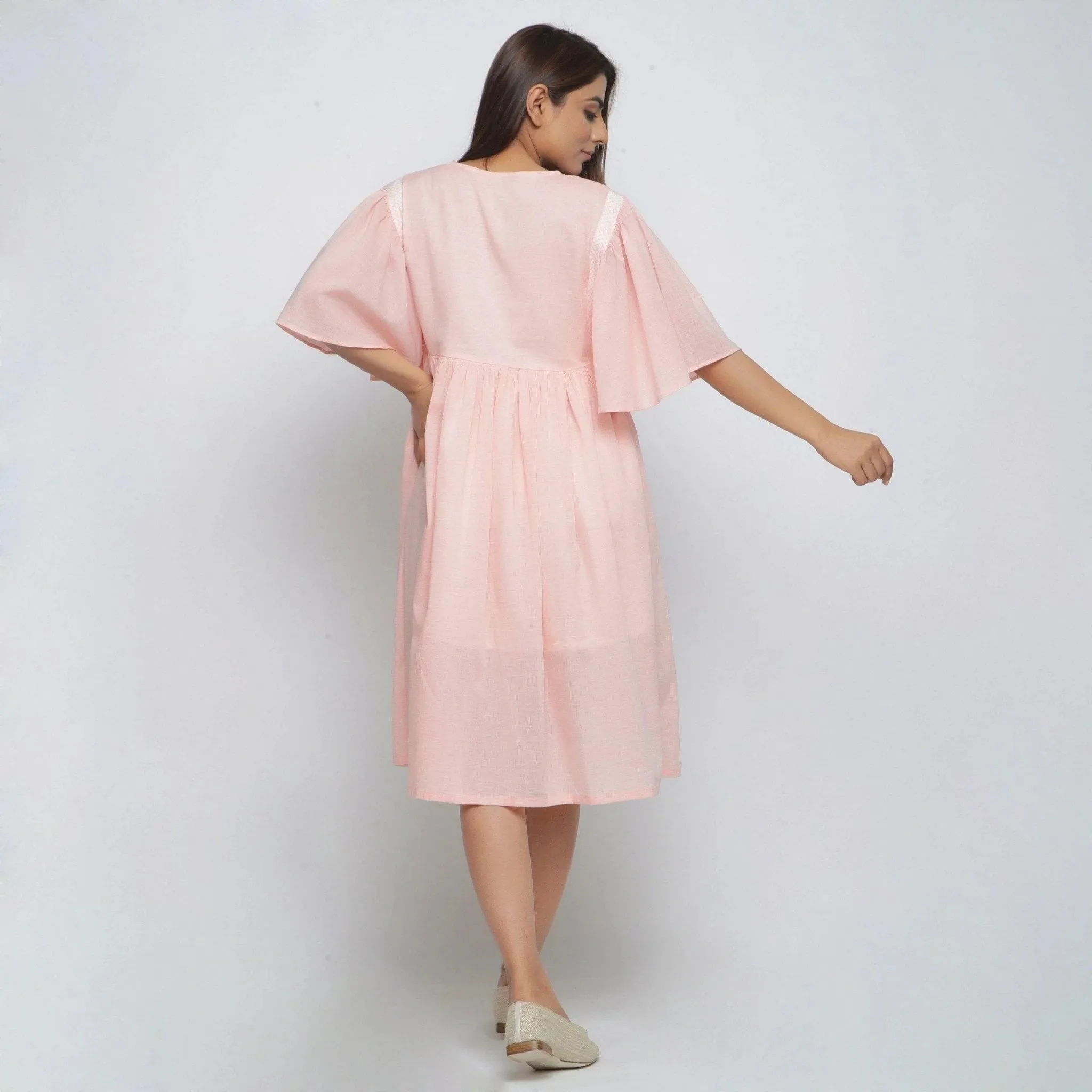 Peach Yarn Dyed Cotton Chambray Midi Dress
