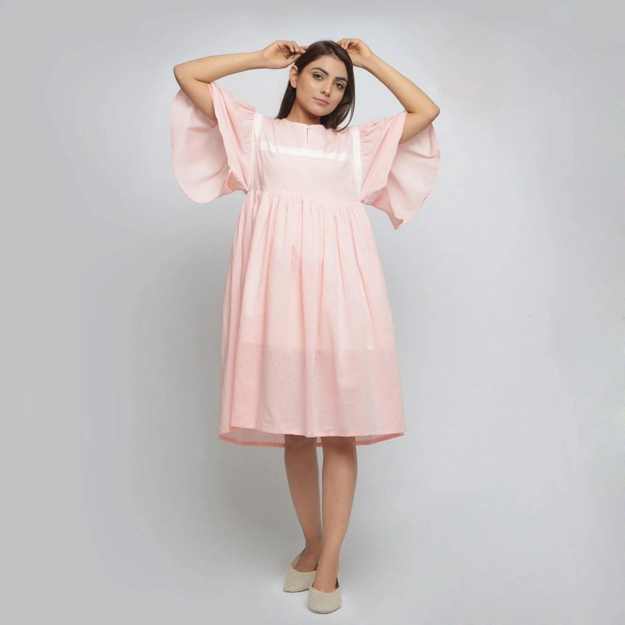 Peach Yarn Dyed Cotton Chambray Midi Dress